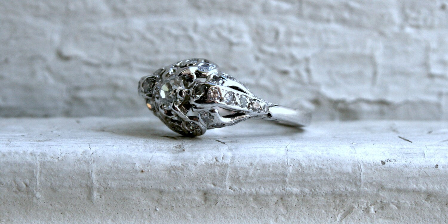 Vintage 14K White Diamond Engagement Ring - 1.08ct.