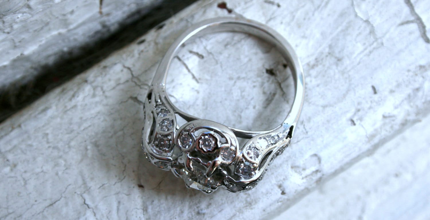 Vintage 14K White Diamond Engagement Ring - 1.08ct.