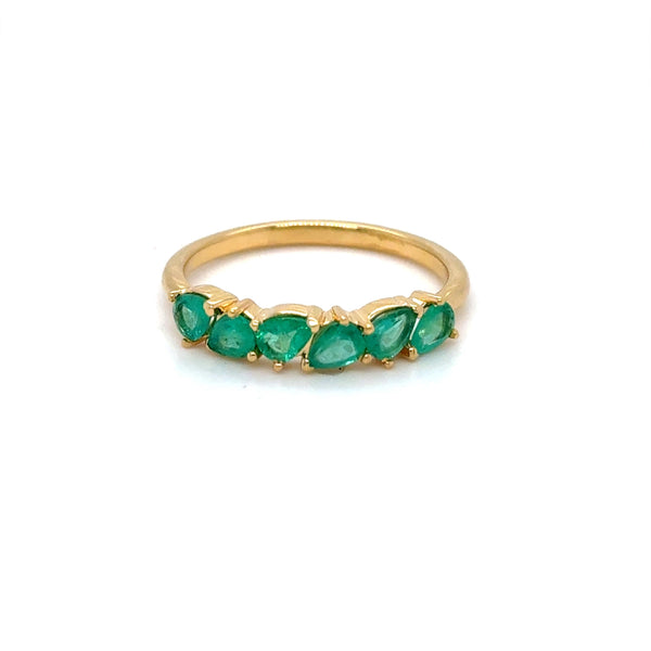 18K Yellow Gold Pear Cut Emerald Wedding Band Ring, Size 7