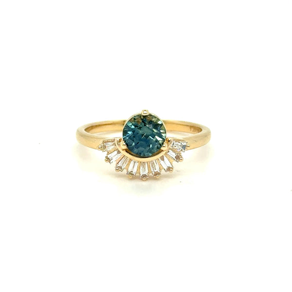 Teal Sapphire and Baguette Diamond Ring Engagement Ring.