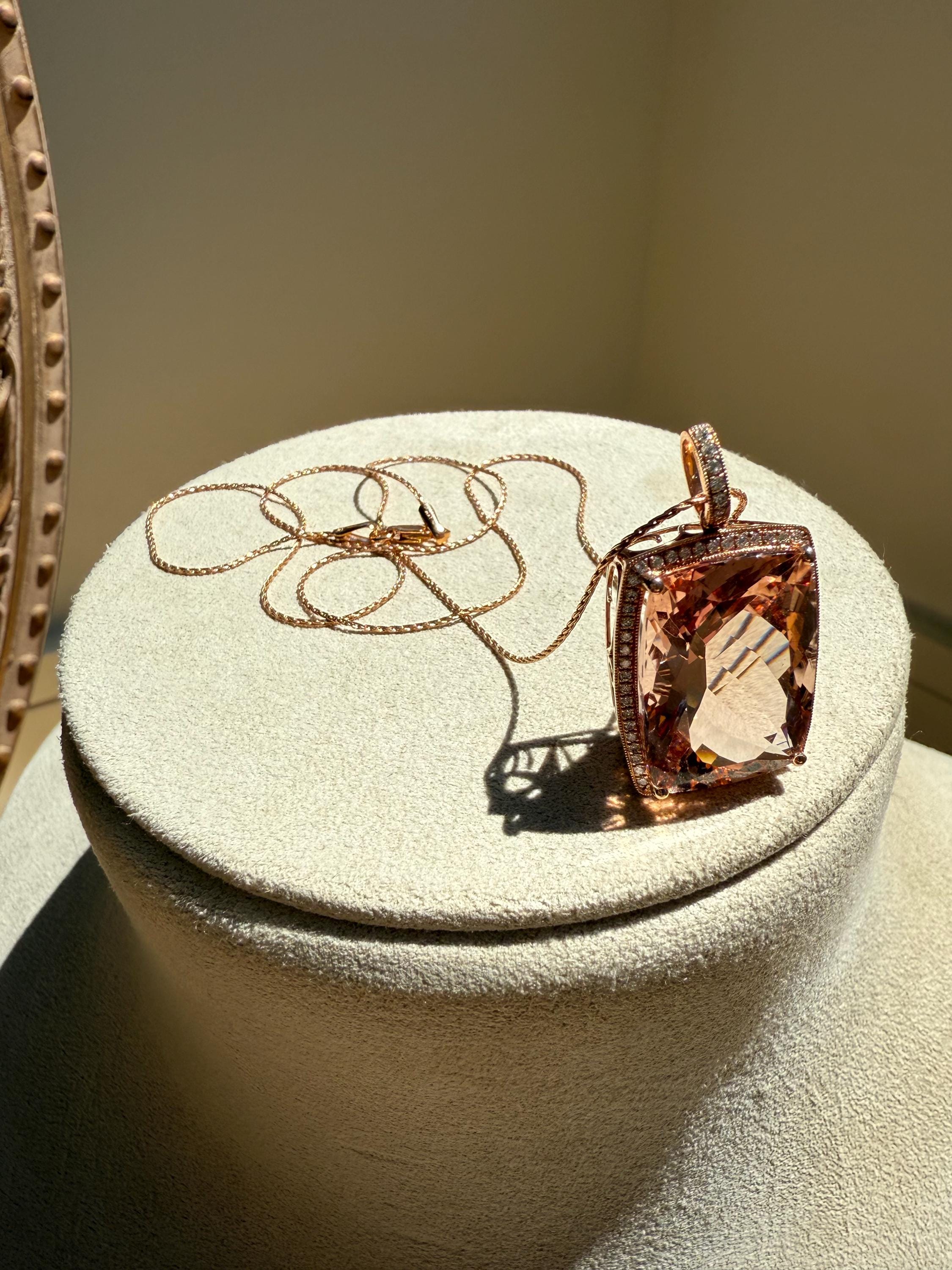 Large Vintage 14K Rose Gold Morganite and Diamond Pendant with Chain.