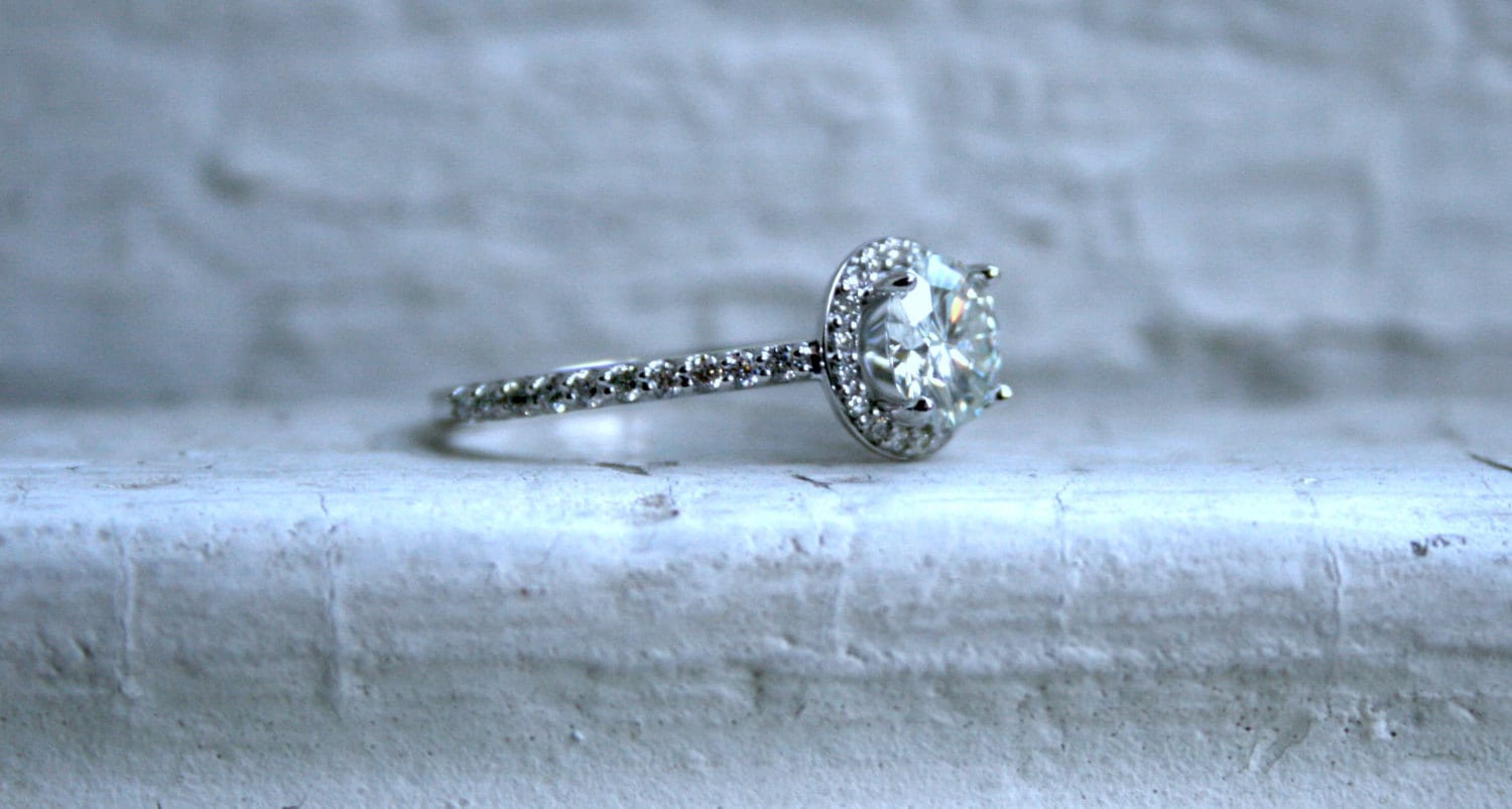 Classic Diamond Halo and Moissanite Engagement Ring in 18K White Gold - 0.67ct.