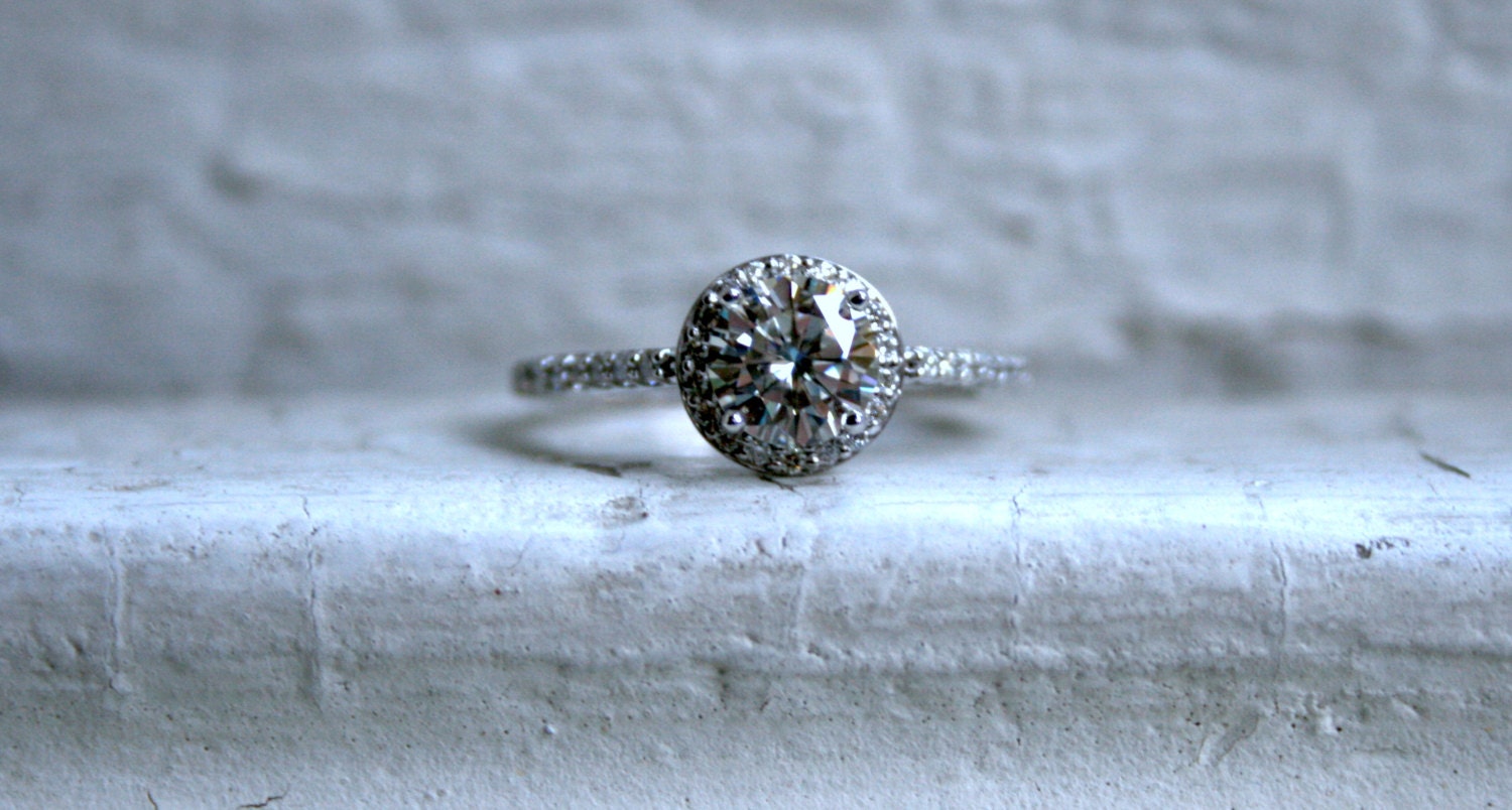 Classic Diamond Halo and Moissanite Engagement Ring in 18K White Gold - 0.67ct.