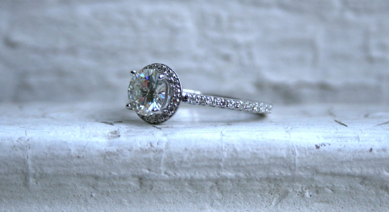 Classic Diamond Halo and Moissanite Engagement Ring in 18K White Gold - 0.67ct.