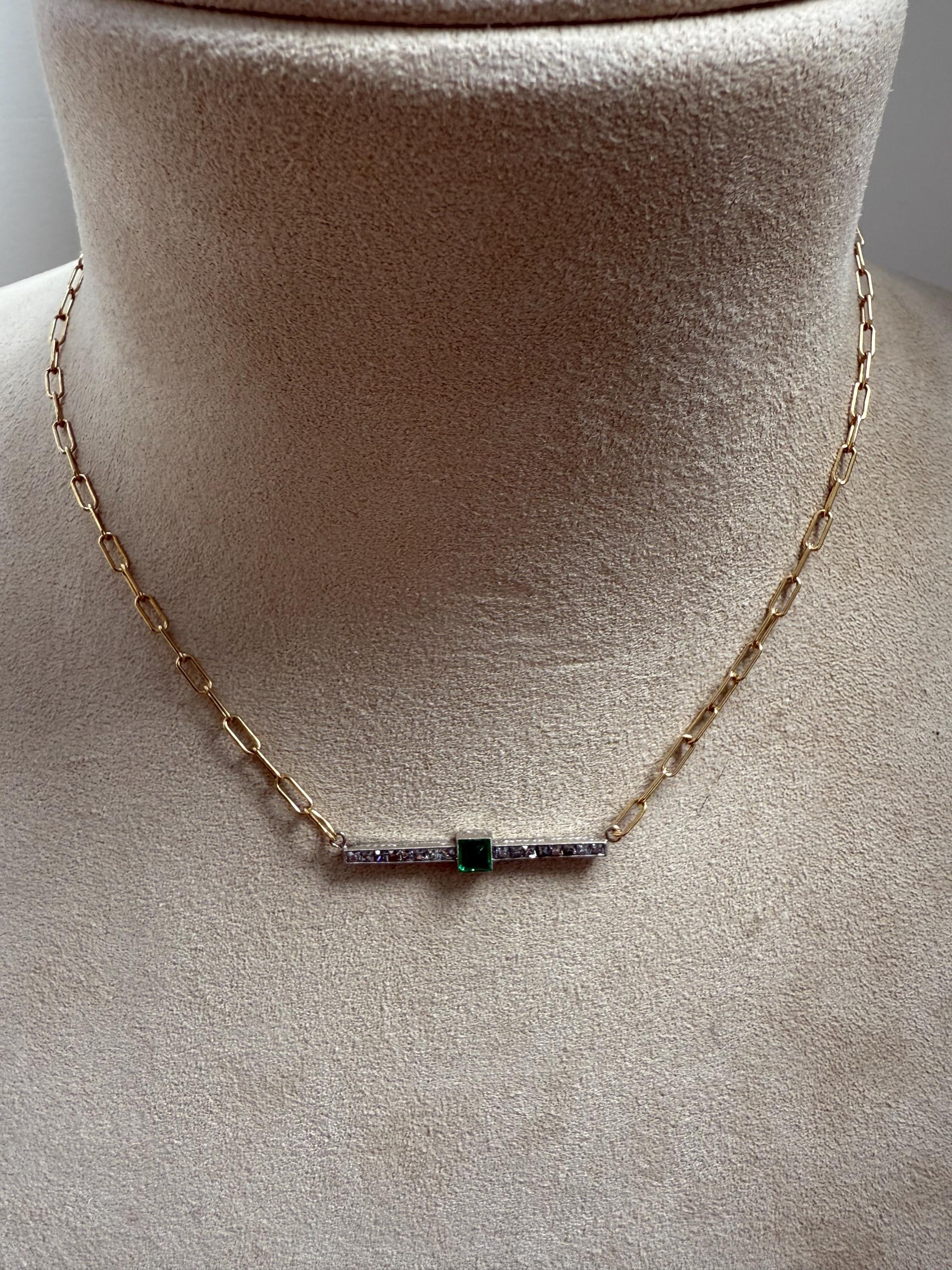 Gorgeous Antique French Cut Diamond and Sugarloaf Emerald Bar Necklace Platinum/ 18K Yellow Gold.