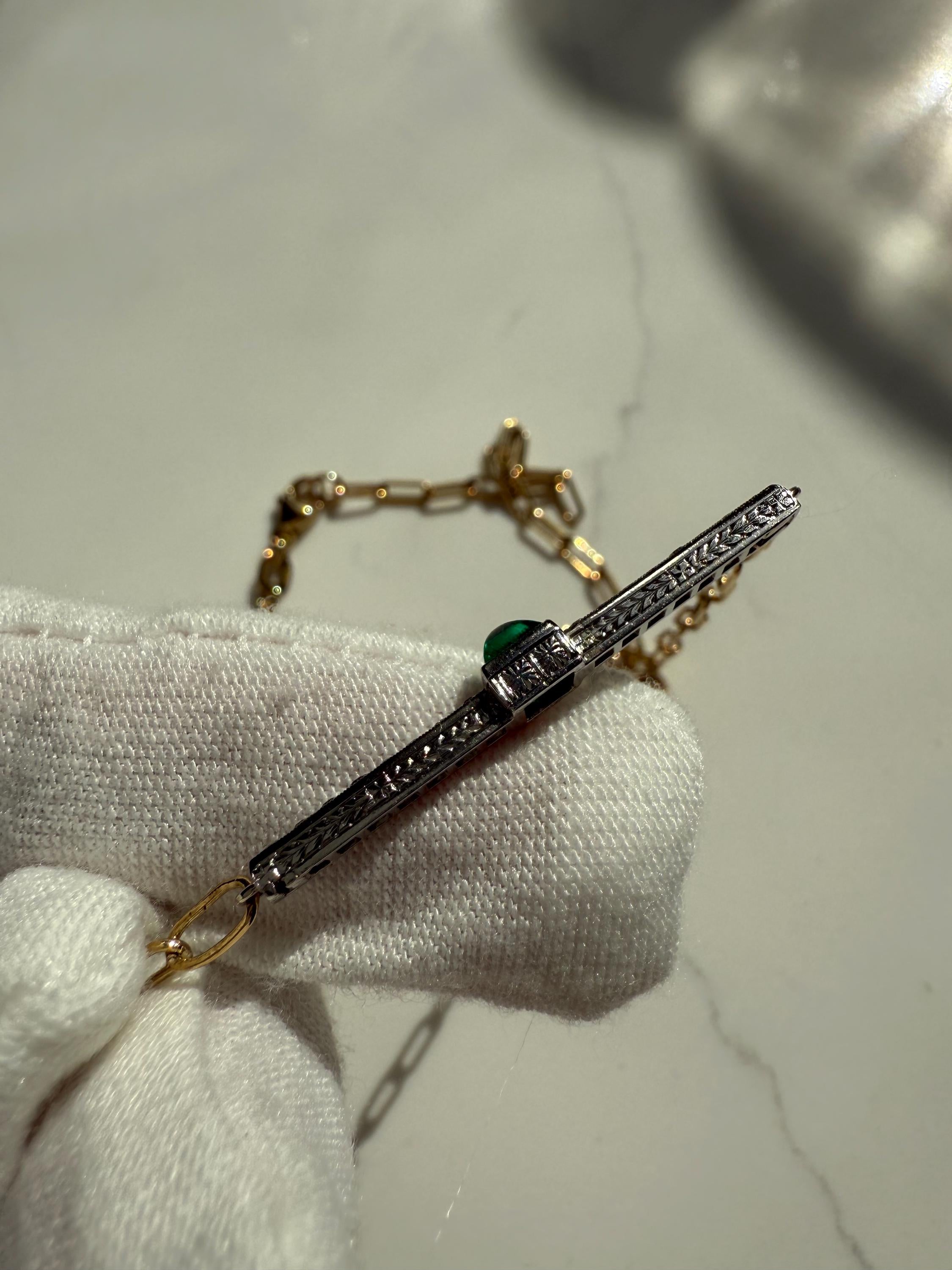Gorgeous Antique French Cut Diamond and Sugarloaf Emerald Bar Necklace Platinum/ 18K Yellow Gold.