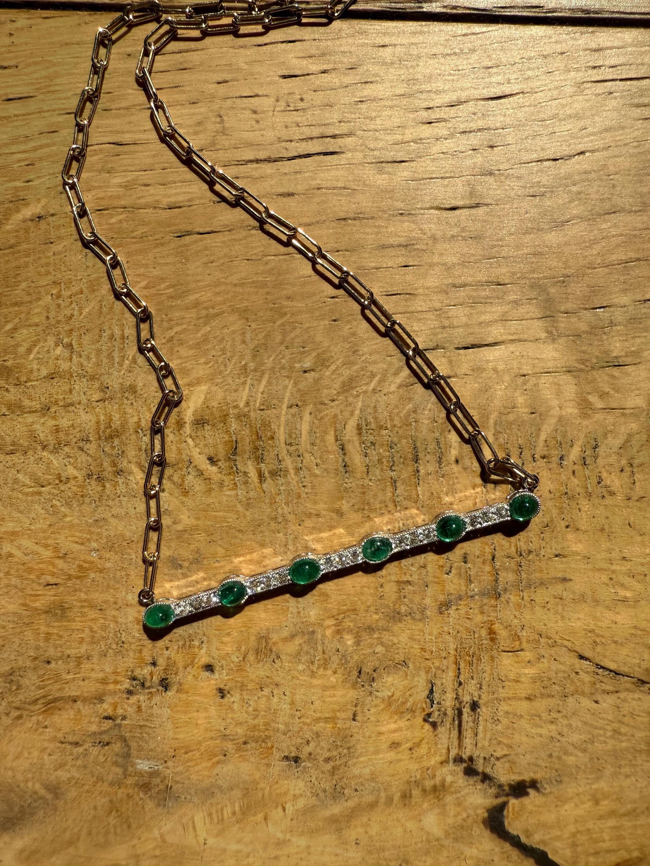 Gorgeous Antique Diamond and Emerald Bar Necklace in Platinum/ 18K Yellow Gold - 2.10ct.
