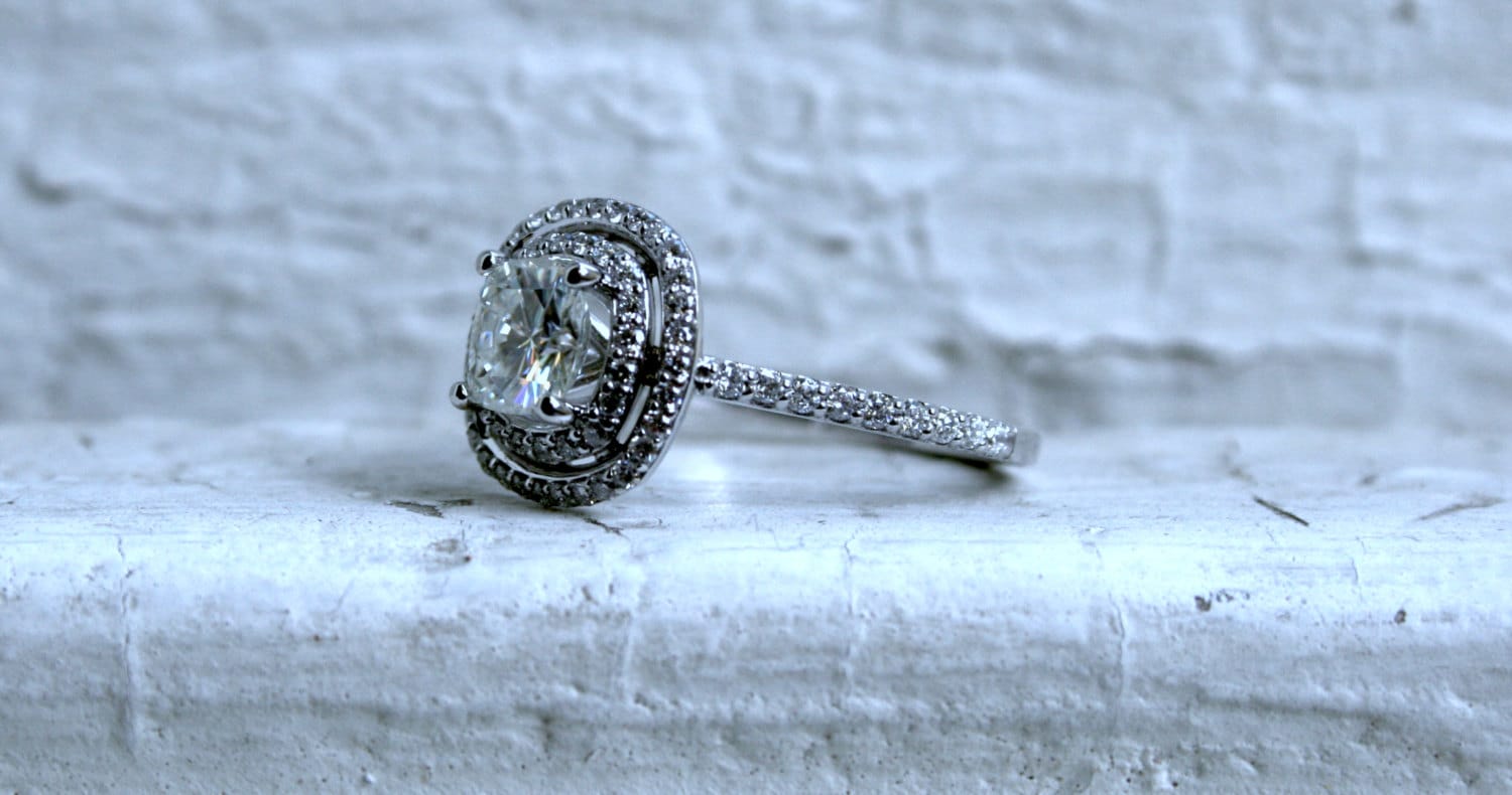 Classic Diamond Double Halo and Cushion Moissanite Ring Engagement Ring in 14K White Gold.