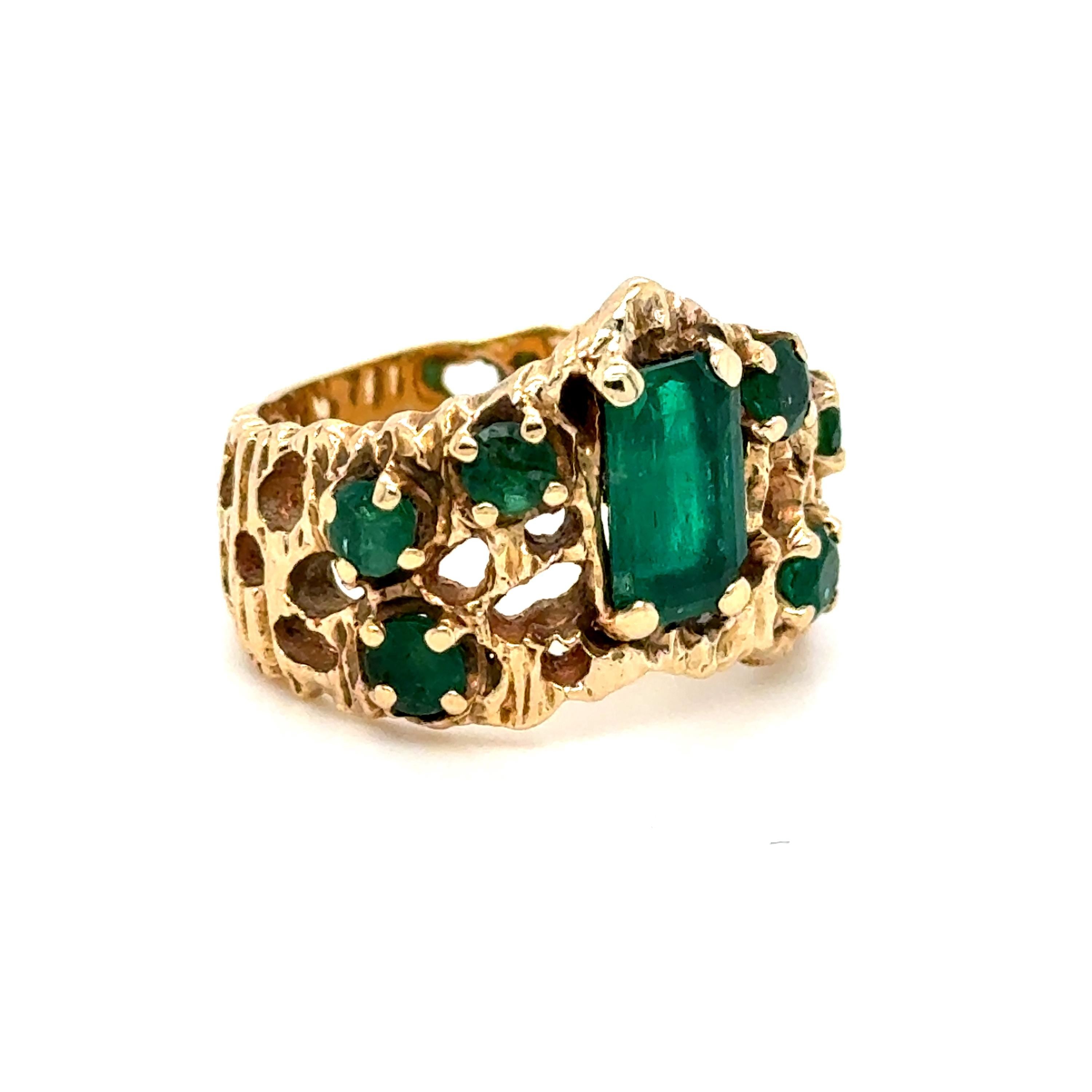 One of a kind Vintage 14K Yellow Gold Emerald Tiara Style Ring.