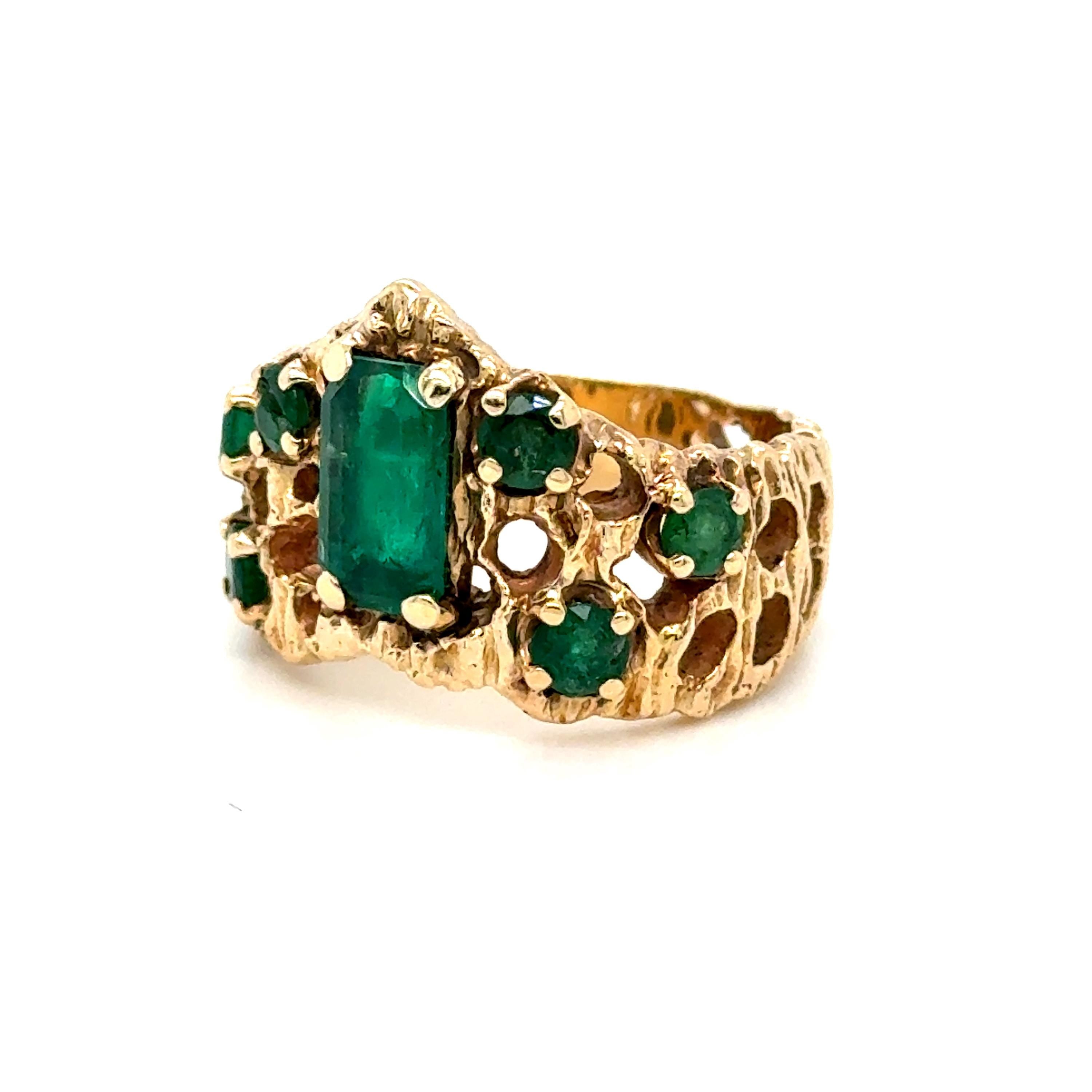 One of a kind Vintage 14K Yellow Gold Emerald Tiara Style Ring.