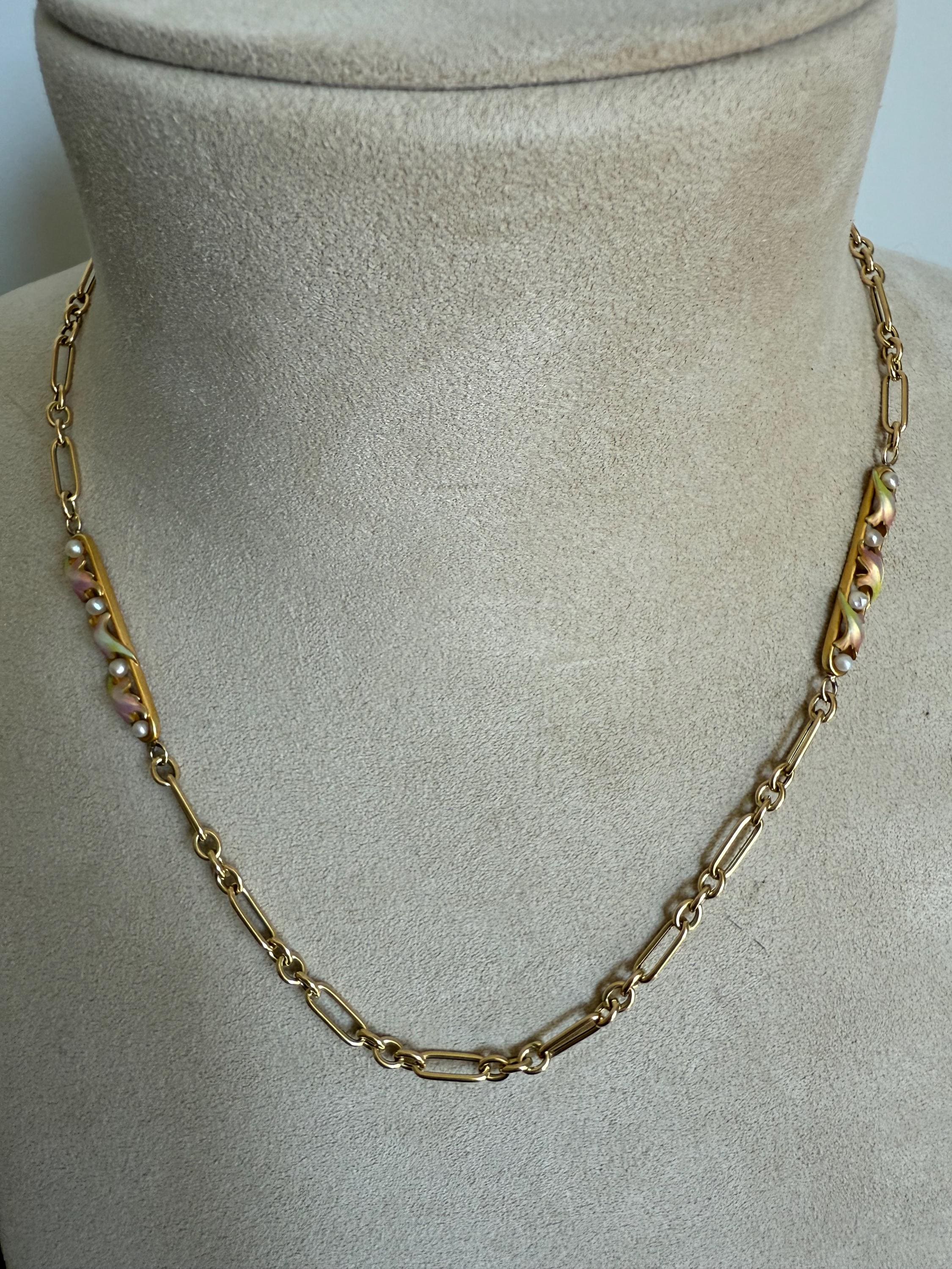 Gorgeous Vintage Trombone 14K/18K Yellow Gold Chain with Pearls and Enamel, 19 inches.