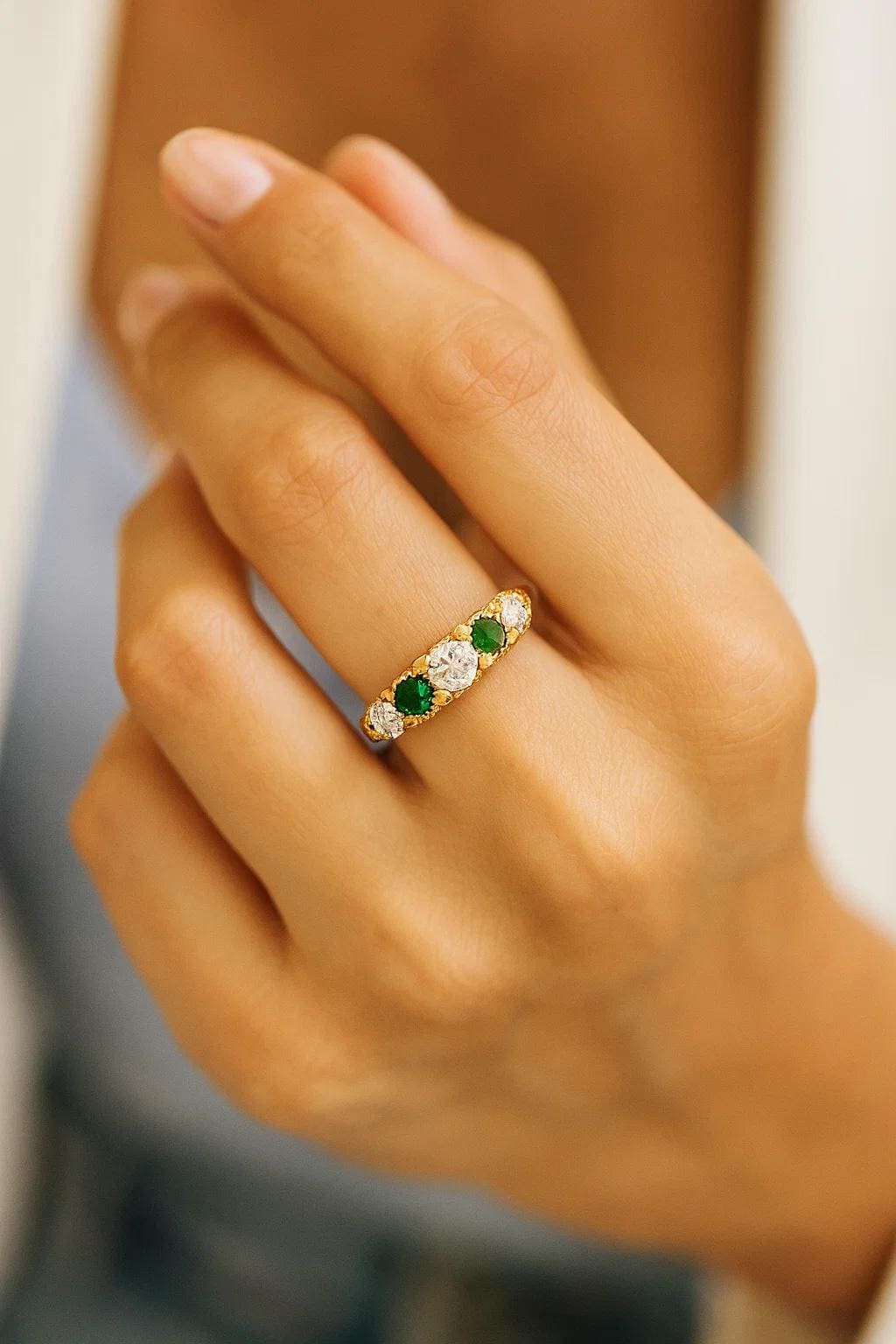 Antique Alternating Emerald and Diamond 18K Yellow Gold Wedding Band - 1.35ct.