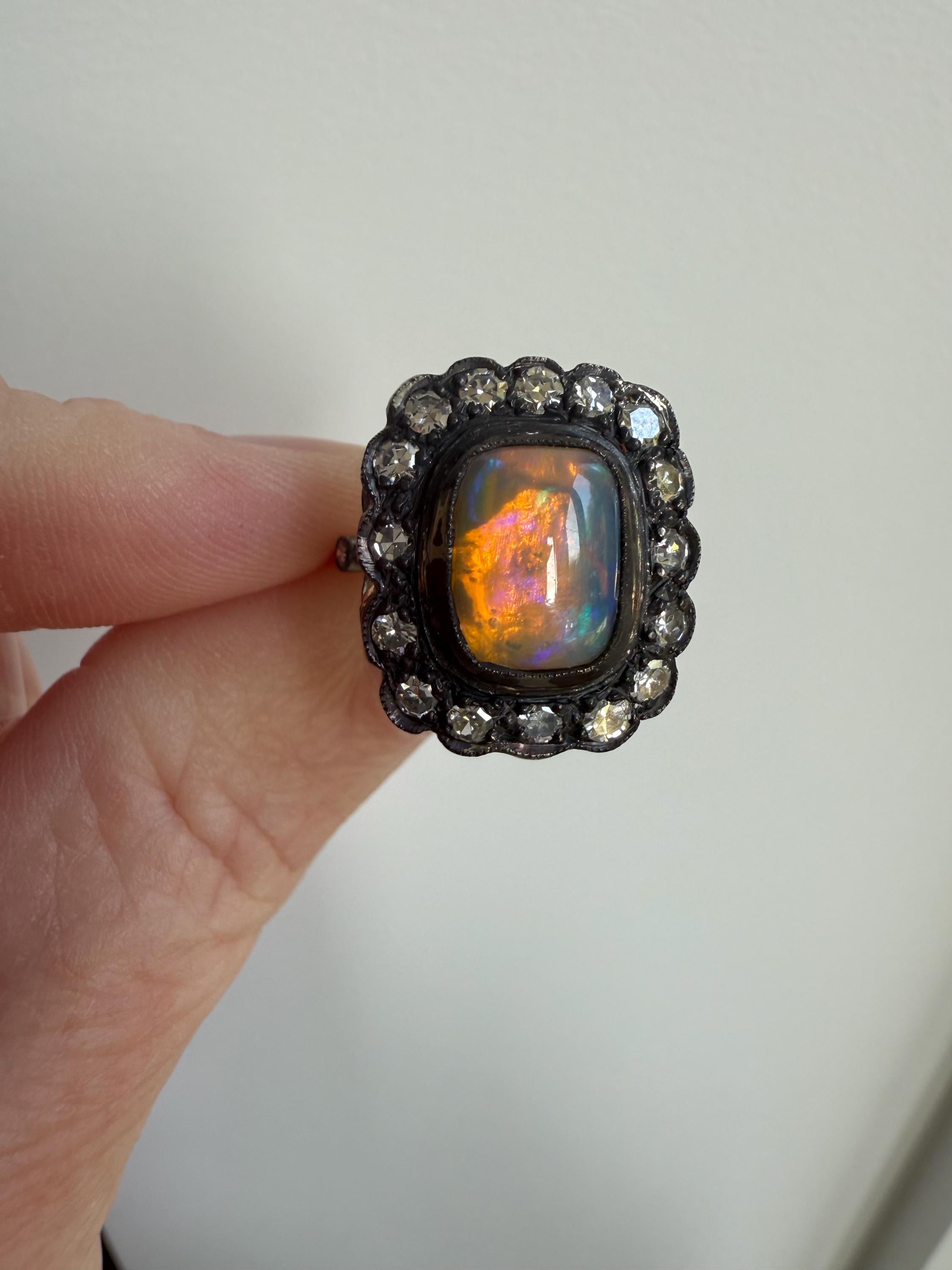 Gorgeous Antique Victorian Opal and Diamond Halo 18K Rose Gold/ Silver Topped Ring.