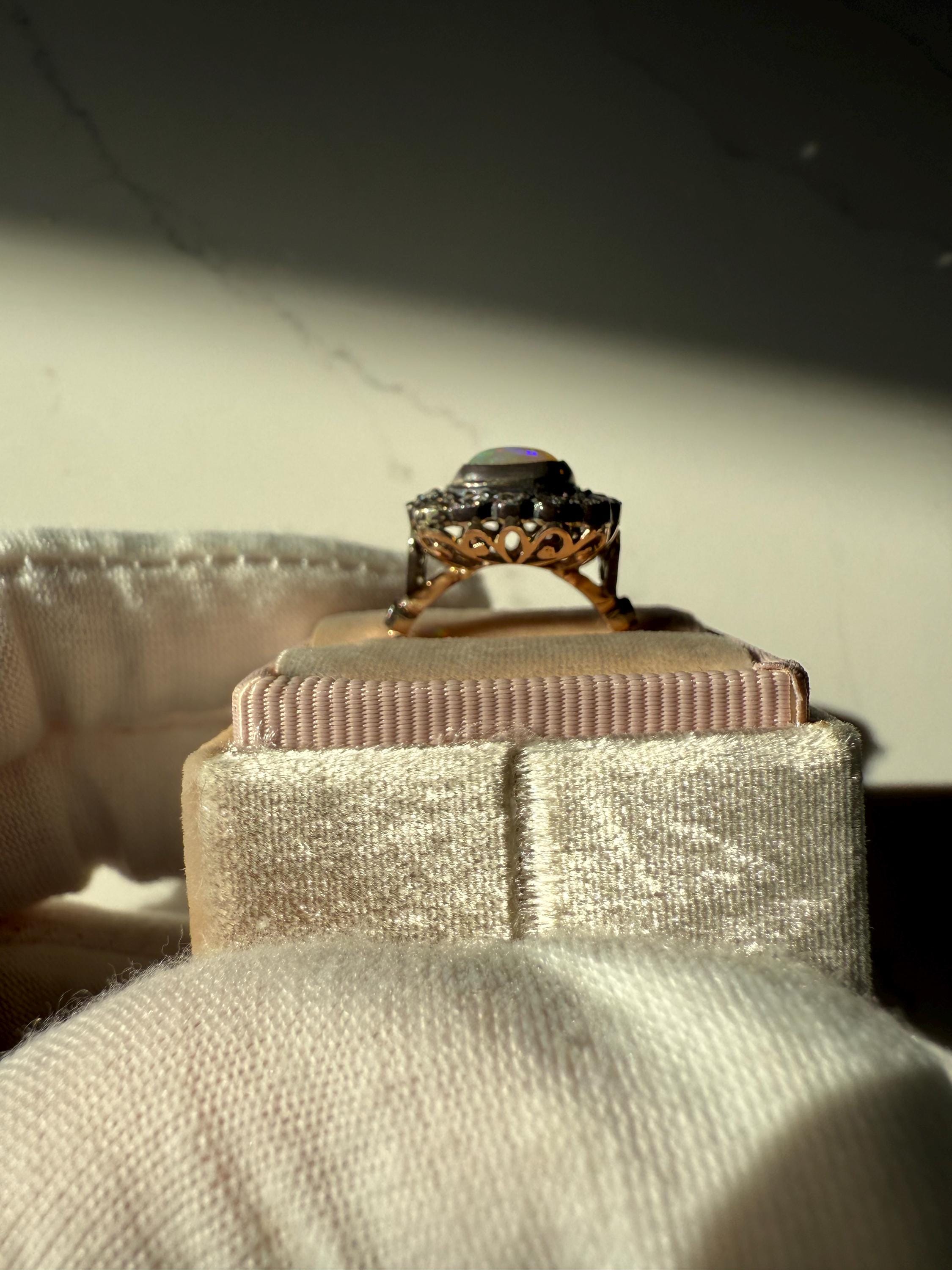 Gorgeous Antique Victorian Opal and Diamond Halo 18K Rose Gold/ Silver Topped Ring.