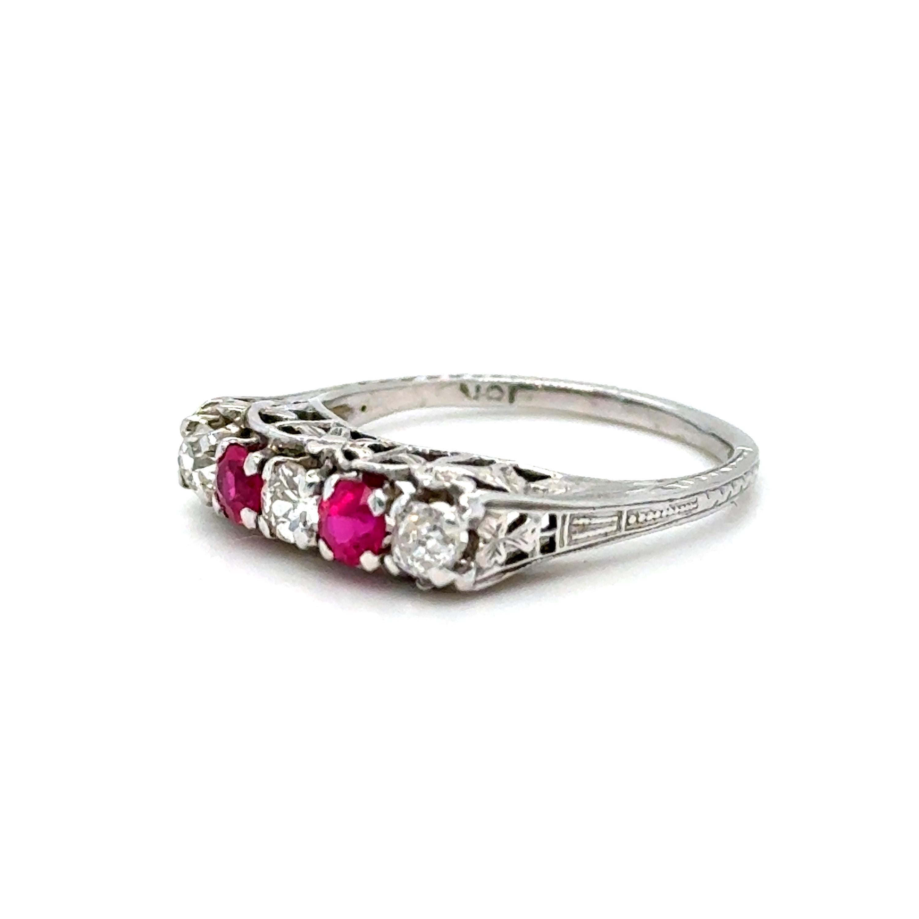Fabulous Vintage Filigree 18K White Gold Ruby and Diamond Ring Engagement Ring - 0.85ct.