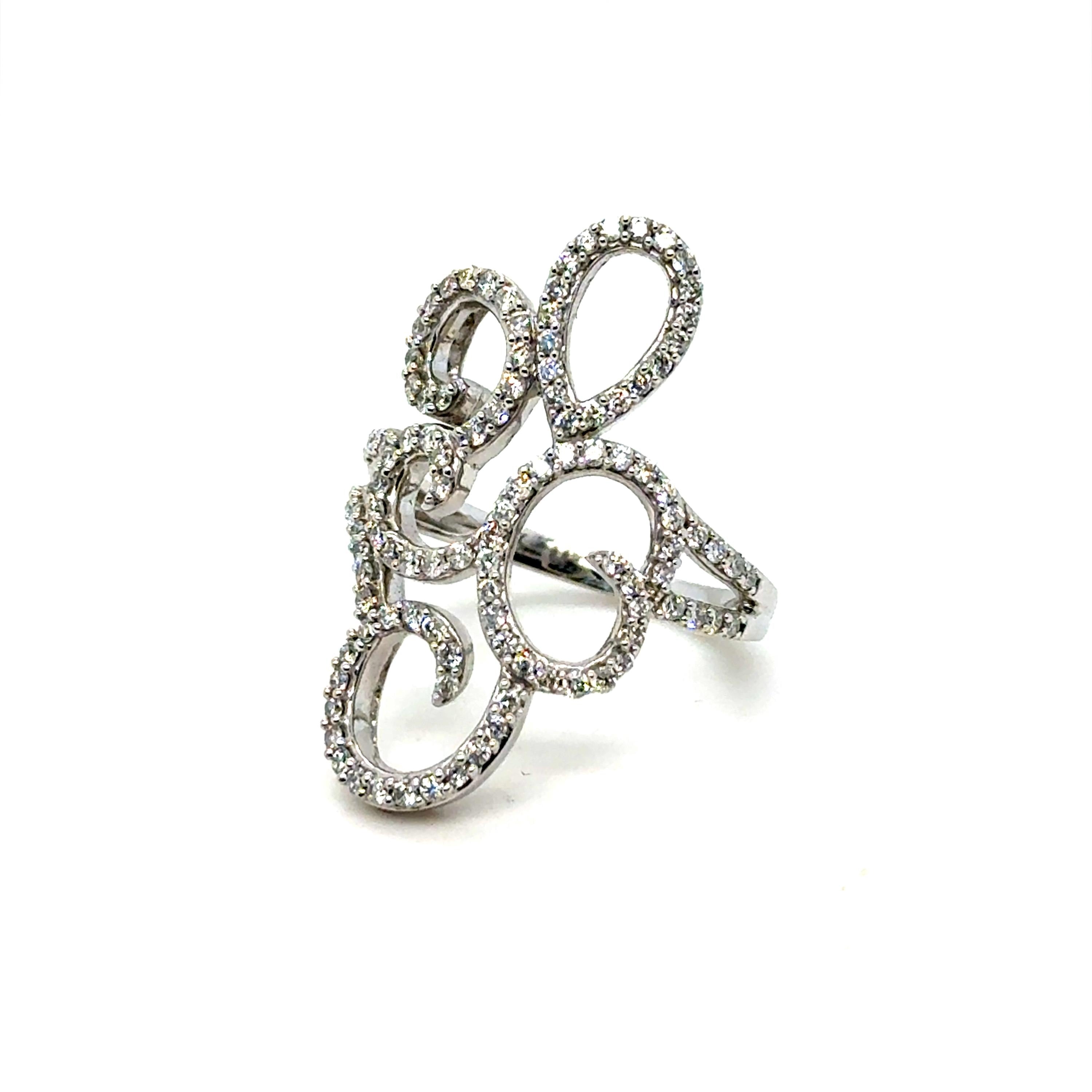 Swirly Vintage 14K White Gold Diamond Ring Engagement Ring -0.76ct.