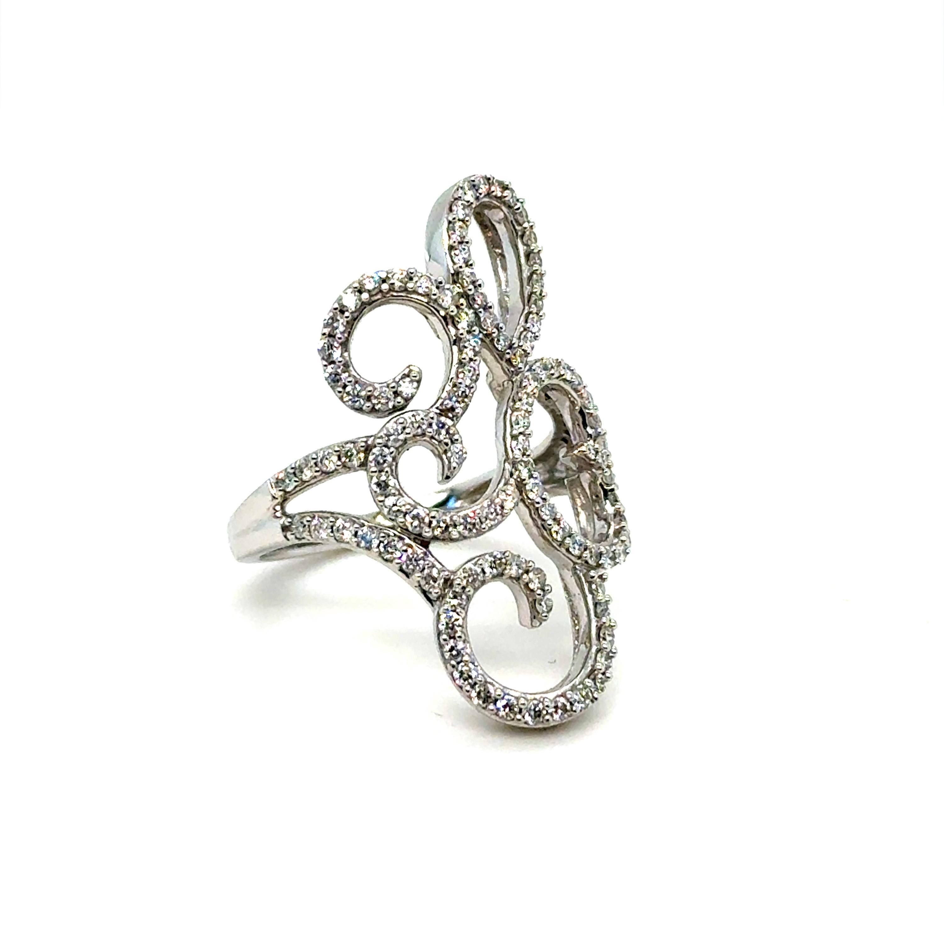 Swirly Vintage 14K White Gold Diamond Ring Engagement Ring -0.76ct.