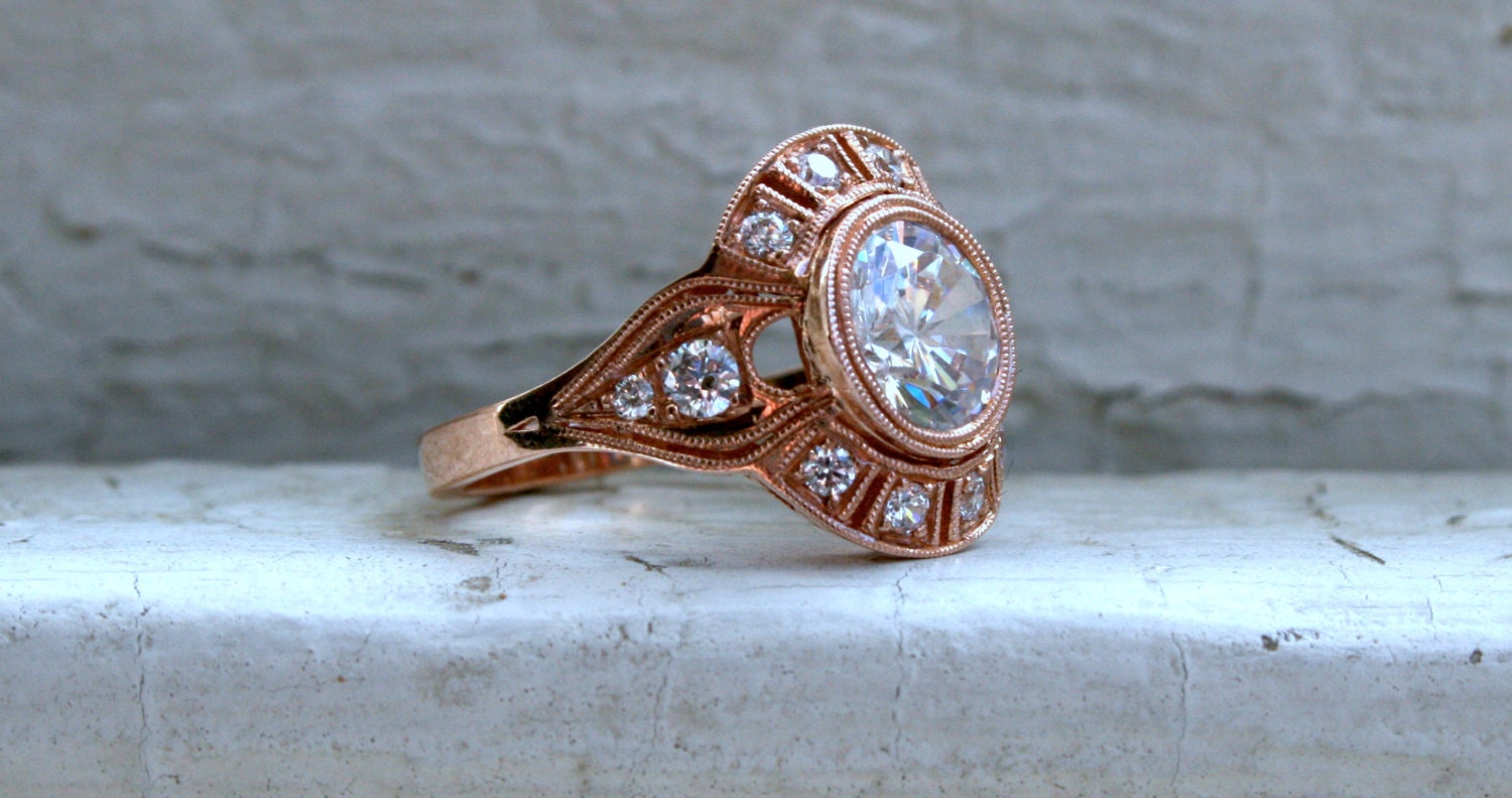 Vintage Inspired Moissanite Halo Engagement Ring Wedding Ring.