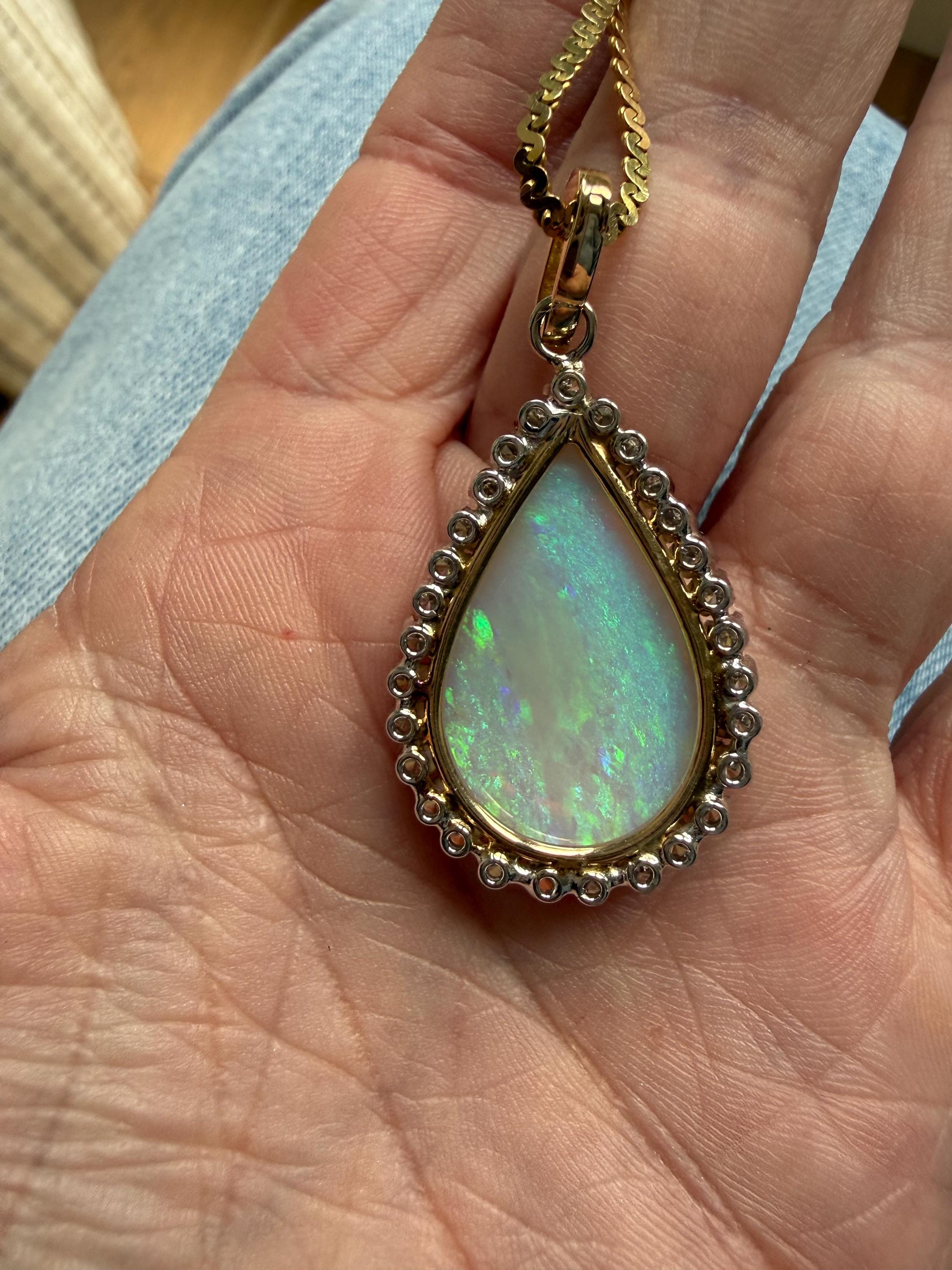 Vintage Pear Opal with Diamond Halo Pendant Necklace in 14K Yellow Gold.