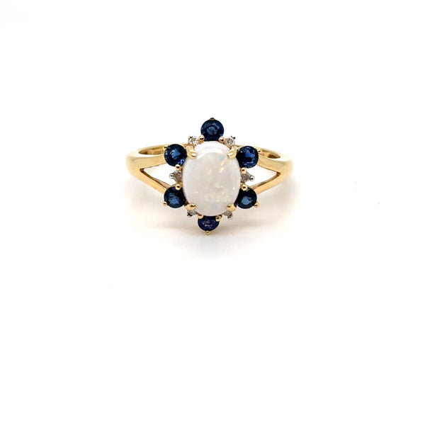 Vintage Sapphire, Diamond and Opal Ring in 14K Yellow Gold.
