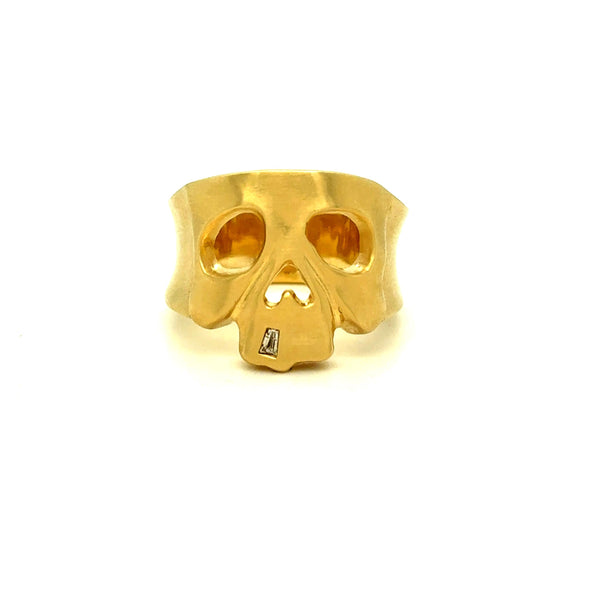 Skull Motif Wide Band Ring with Diamond in 14K Yellow Gold.