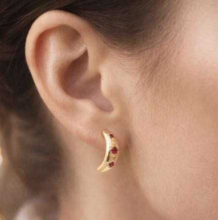 18K Yellow Gold Ruby Huggie Earrings, Half Moon Design