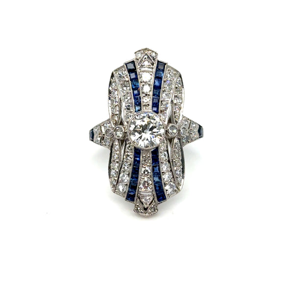 Intricate Vintage Platinum Diamond and Sapphire Art Deco Engagement Ring - 2.50ct