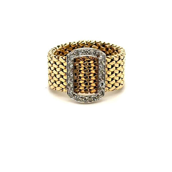 Retro Vintage Diamond Flexible 14K Yellow Gold Buckle Band Ring.