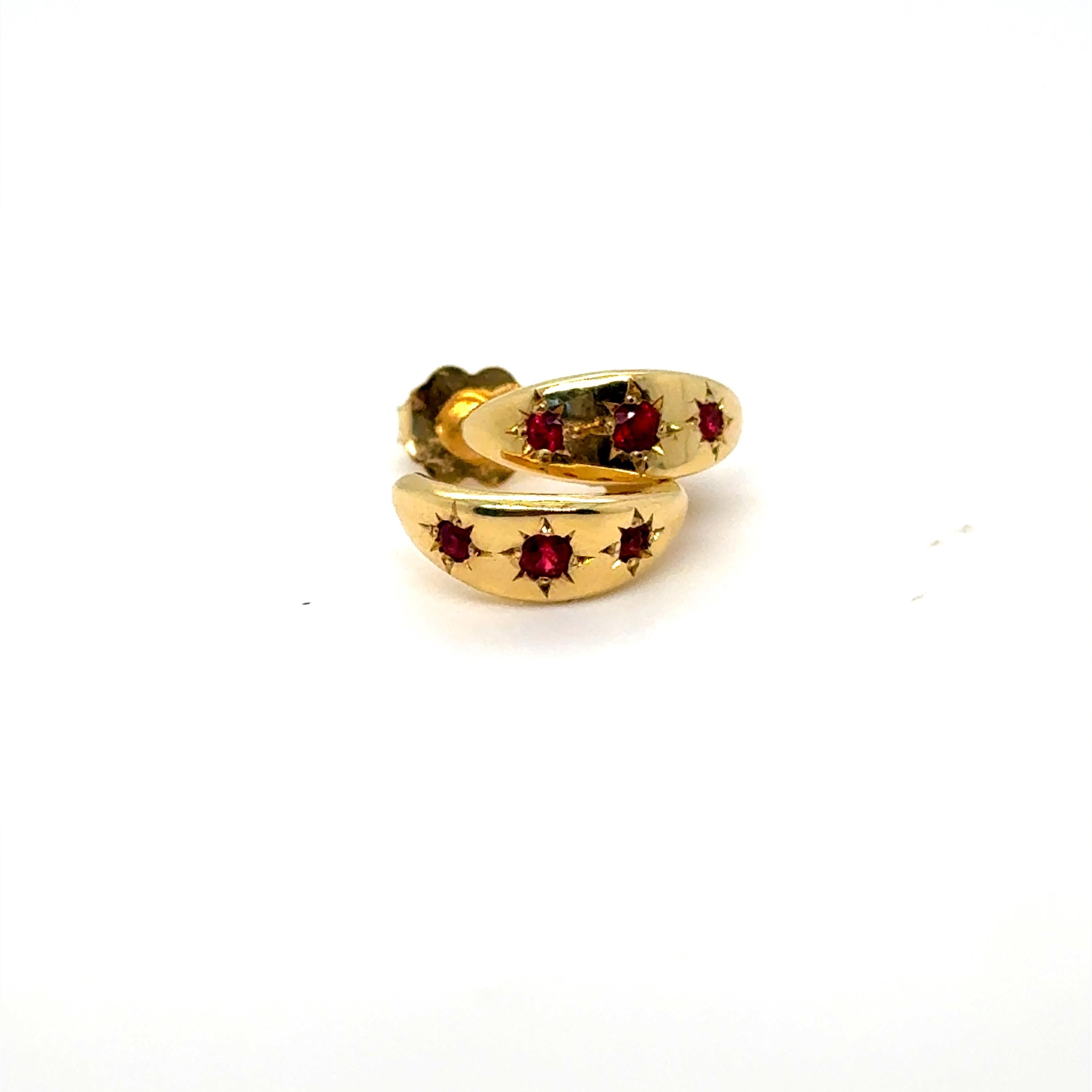 18K Yellow Gold Ruby Huggie Earrings, Half Moon Design