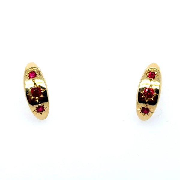 18K Yellow Gold Ruby Huggie Earrings, Half Moon Design