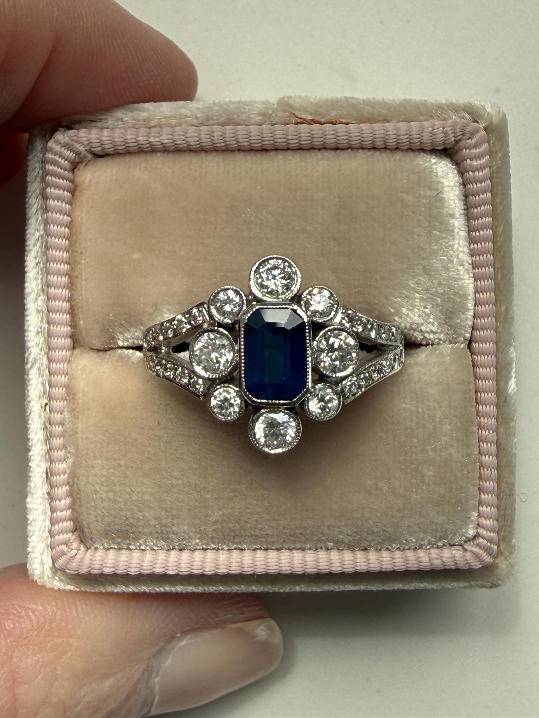 Vintage Halo 18K White Gold Diamond and Sapphire Engagement Ring Wedding Ring - 2.22ct.