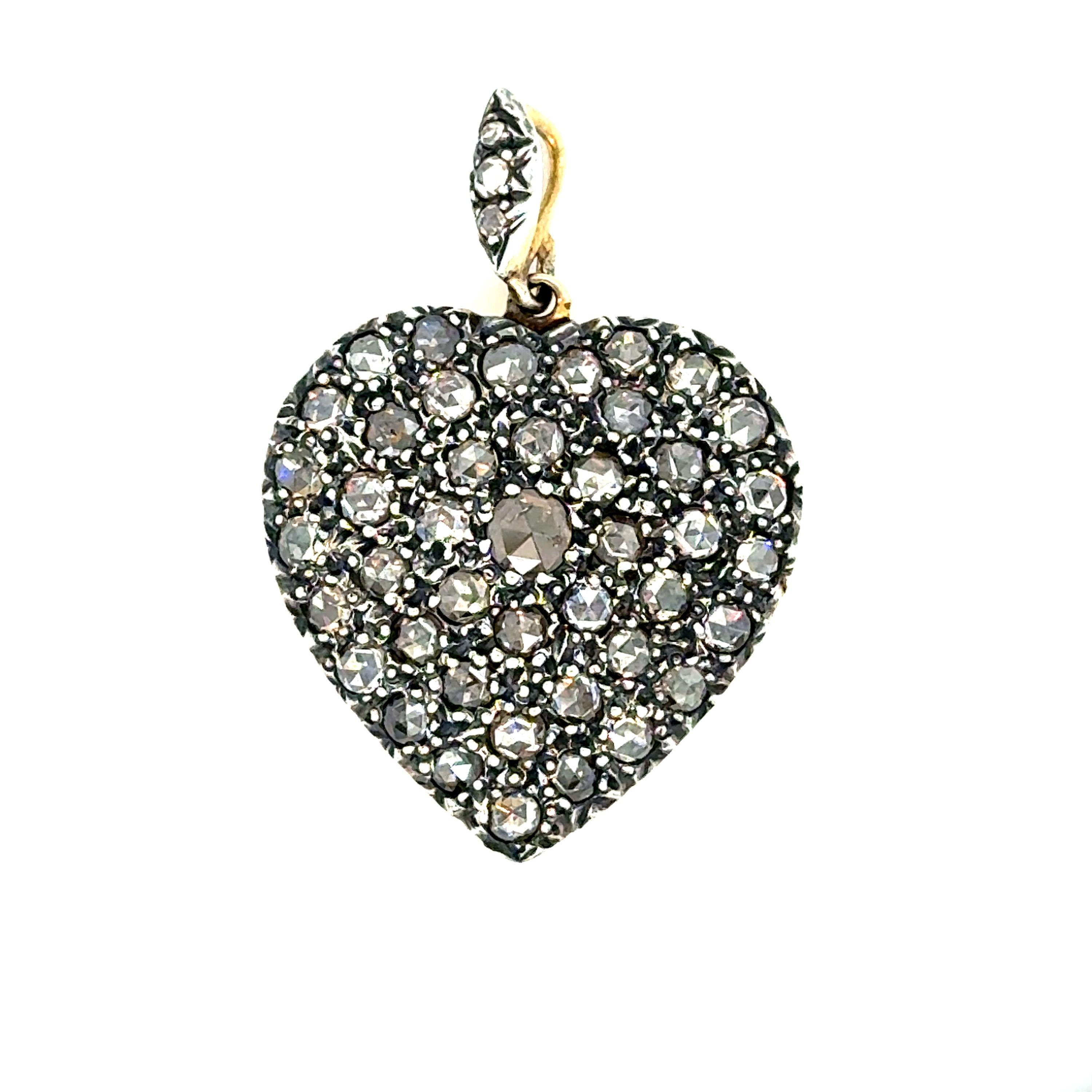 Victorian 14K Yellow Gold/ Silver Rose Cut Diamond Heart Pendant.
