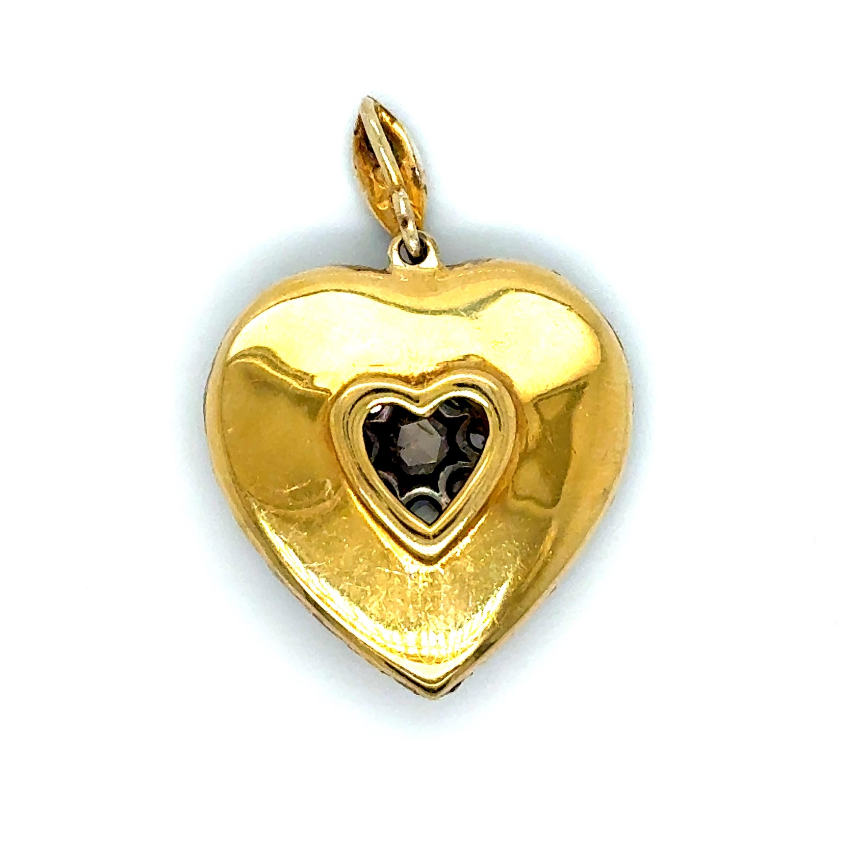 Victorian 14K Yellow Gold/ Silver Rose Cut Diamond Heart Pendant.