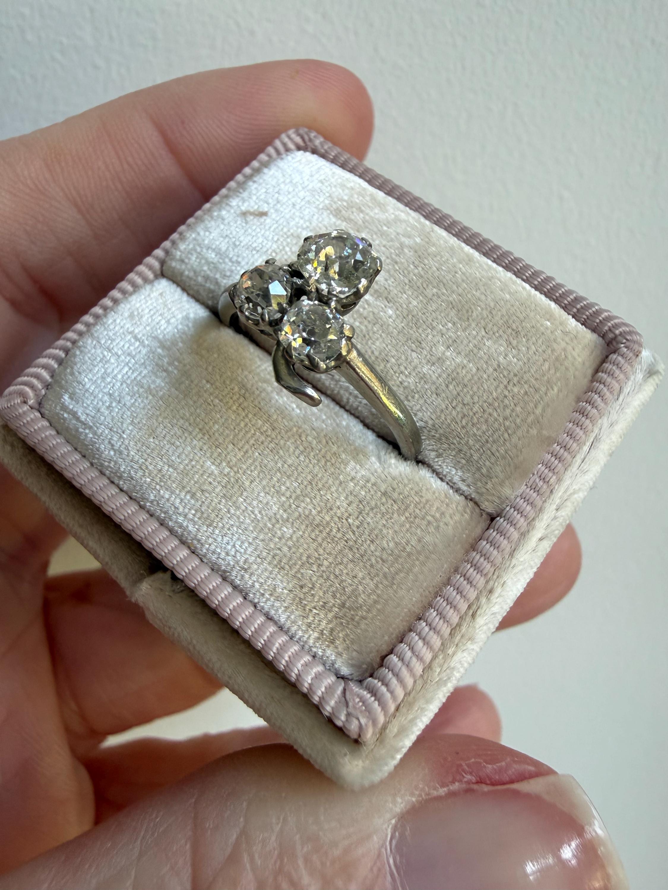 Vintage Shamrock Old Mine Cut Diamond Ring in Platinum.