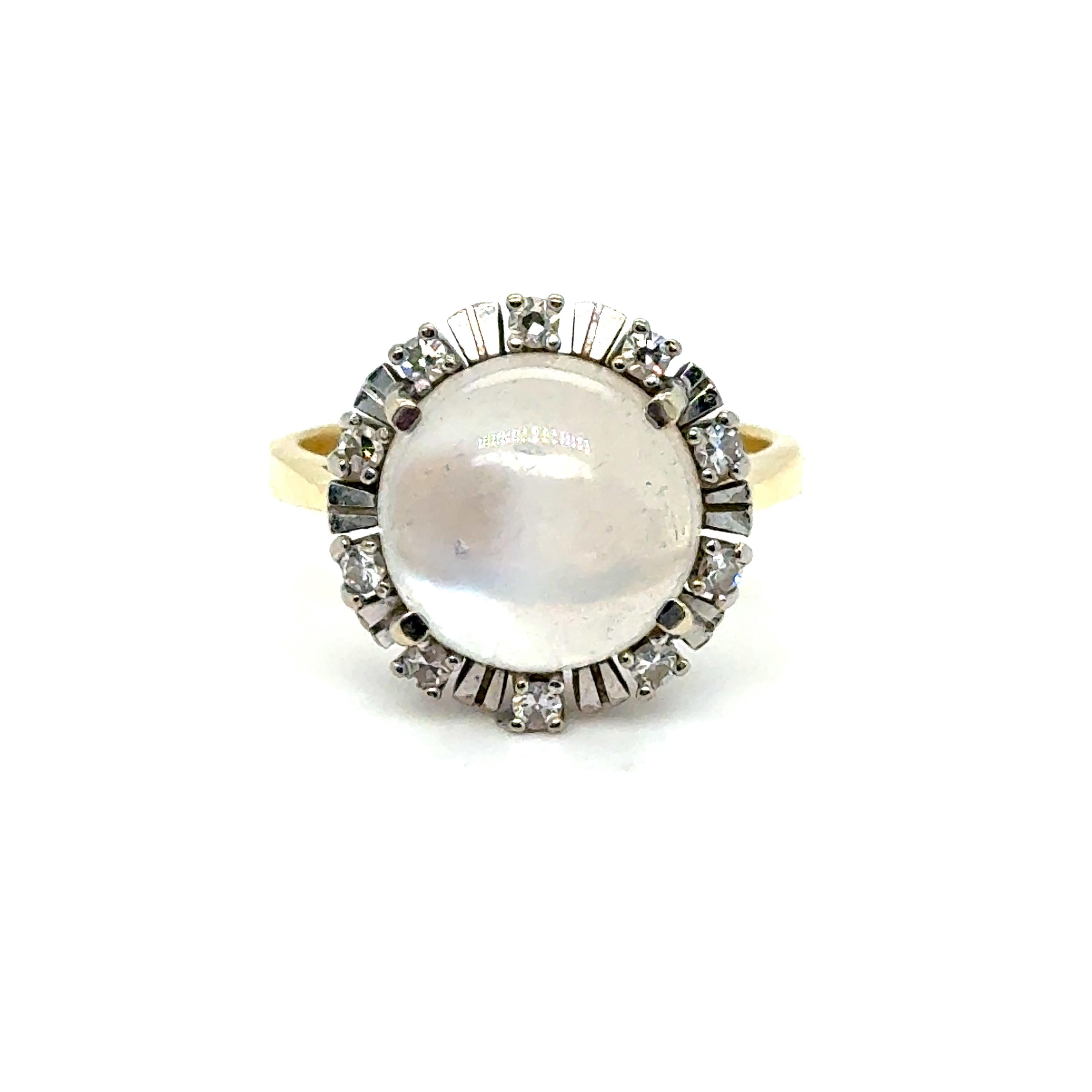 Vintage 18K Yellow Gold Moonstone and Diamond Halo Ring.