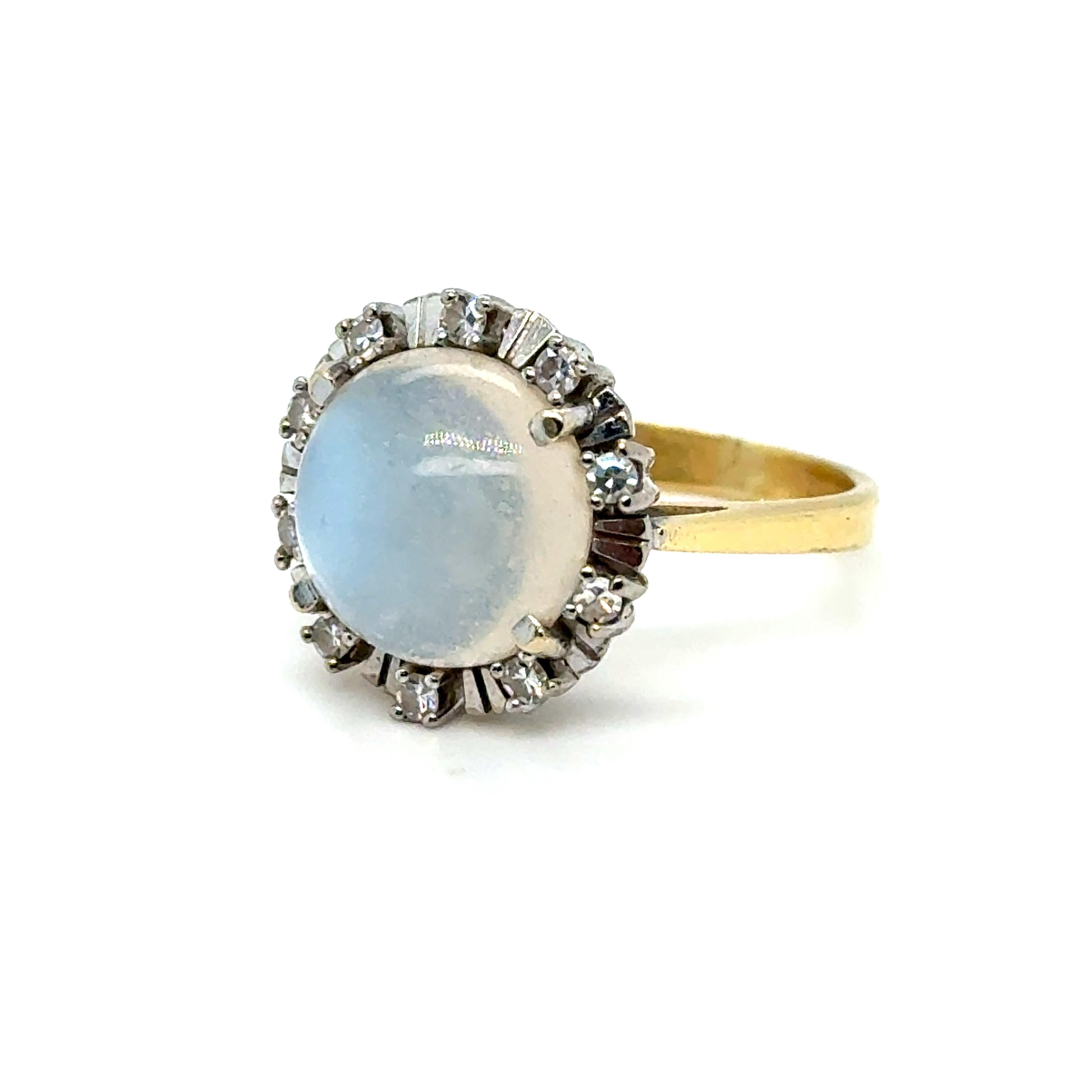 Vintage 18K Yellow Gold Moonstone and Diamond Halo Ring.