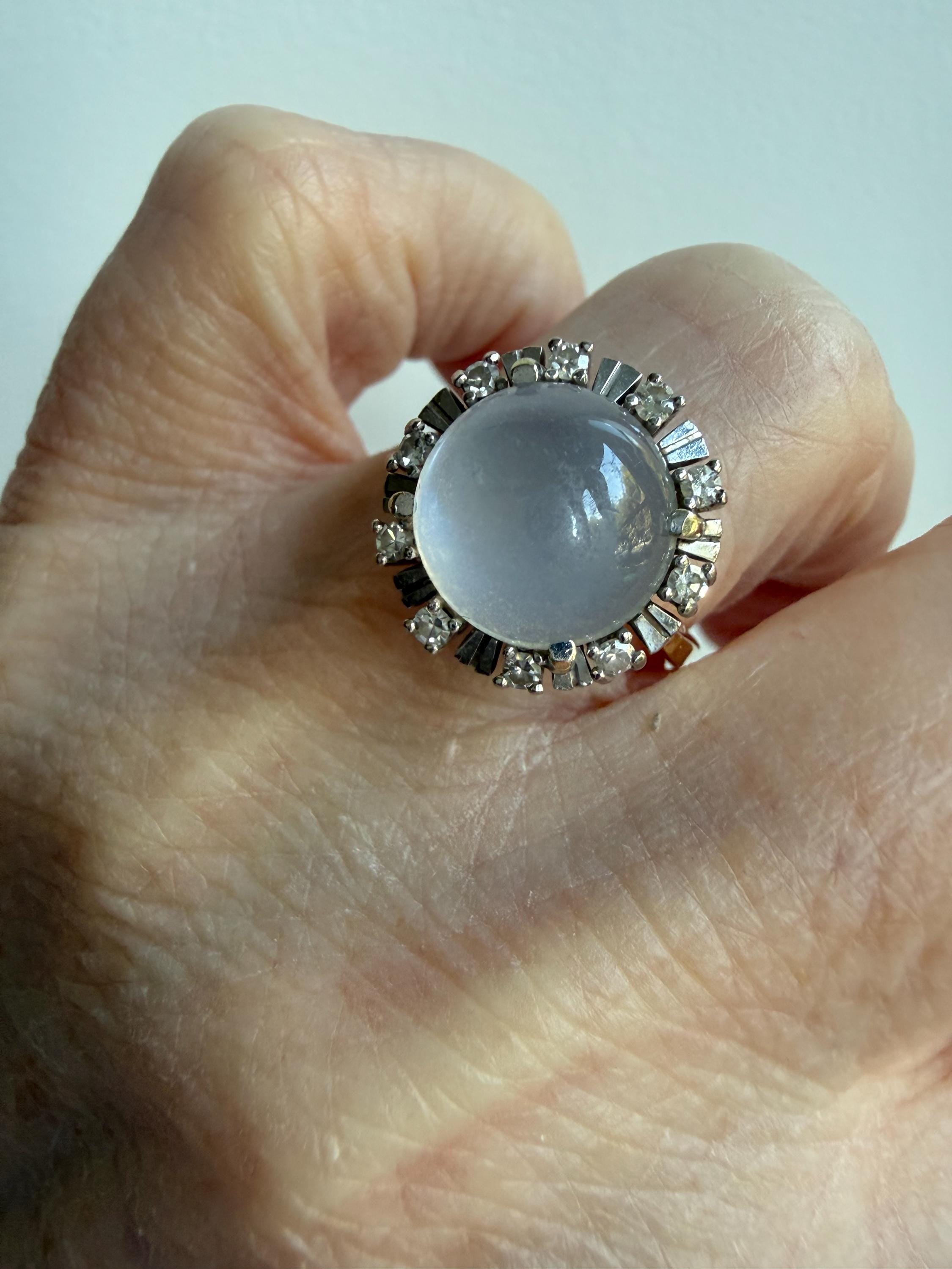 Vintage 18K Yellow Gold Moonstone and Diamond Halo Ring.