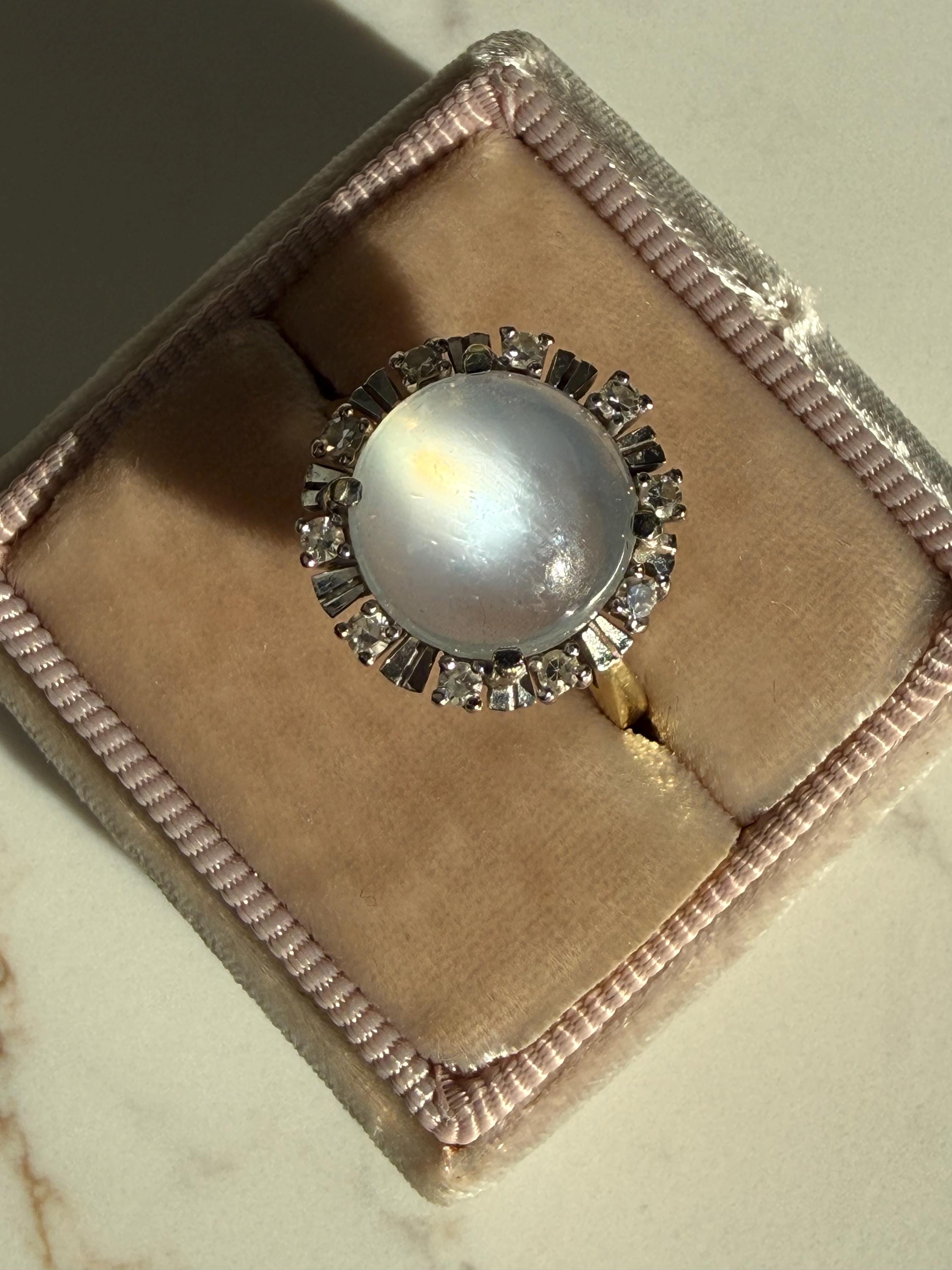Vintage 18K Yellow Gold Moonstone and Diamond Halo Ring.