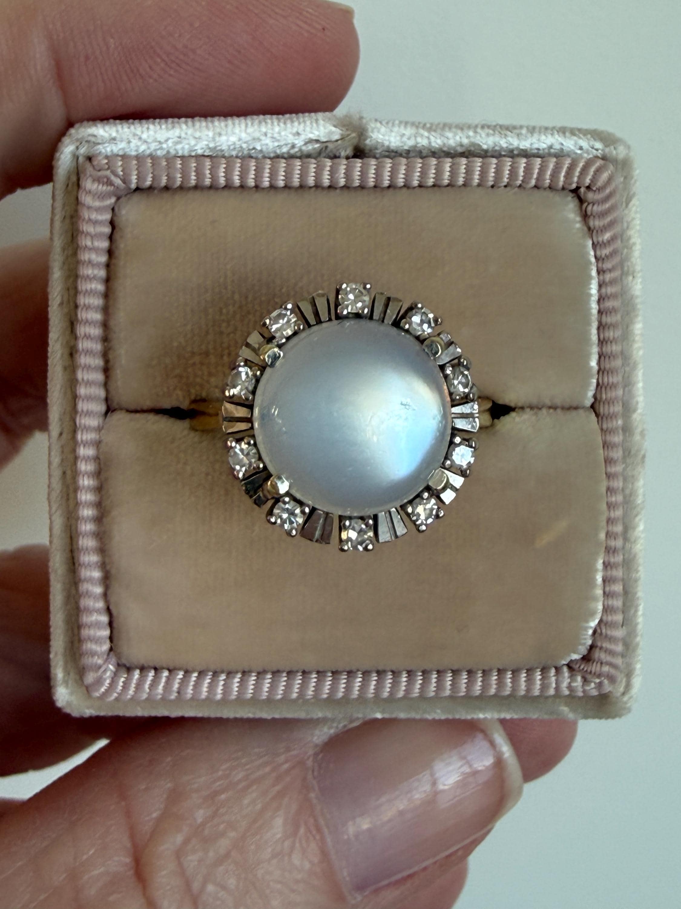 Vintage 18K Yellow Gold Moonstone and Diamond Halo Ring.