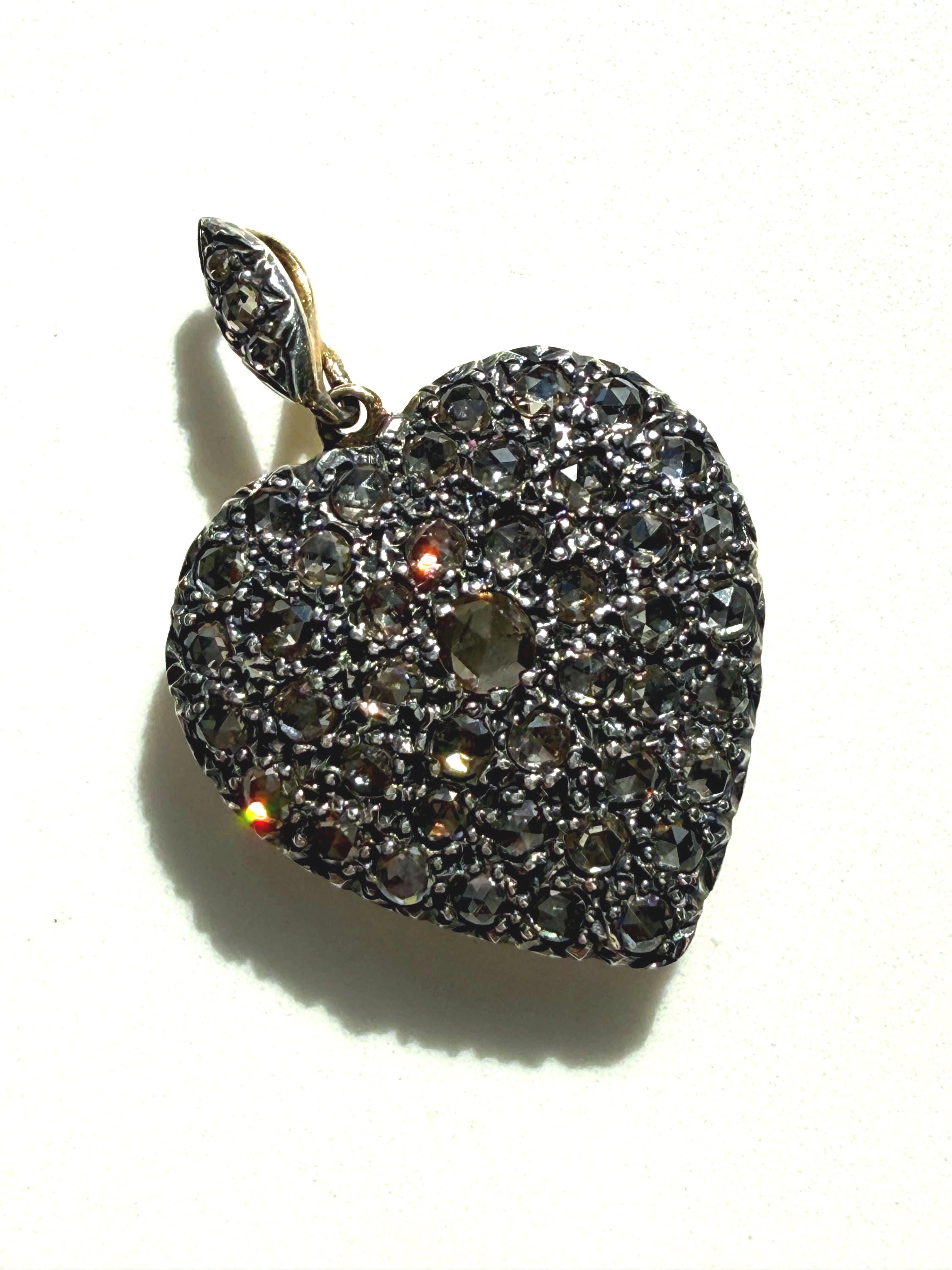 Victorian 14K Yellow Gold/ Silver Rose Cut Diamond Heart Pendant.