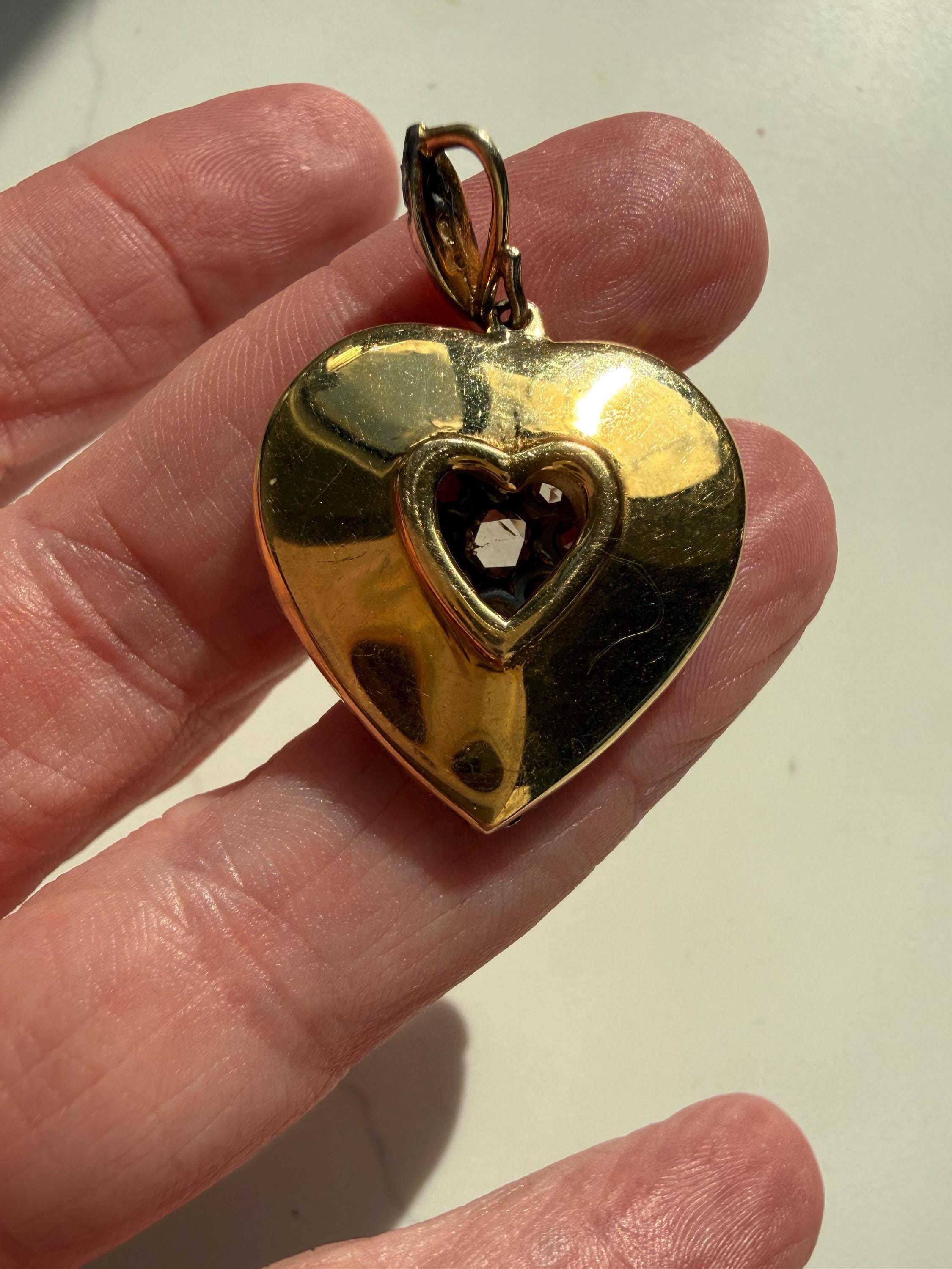 Victorian 14K Yellow Gold/ Silver Rose Cut Diamond Heart Pendant.
