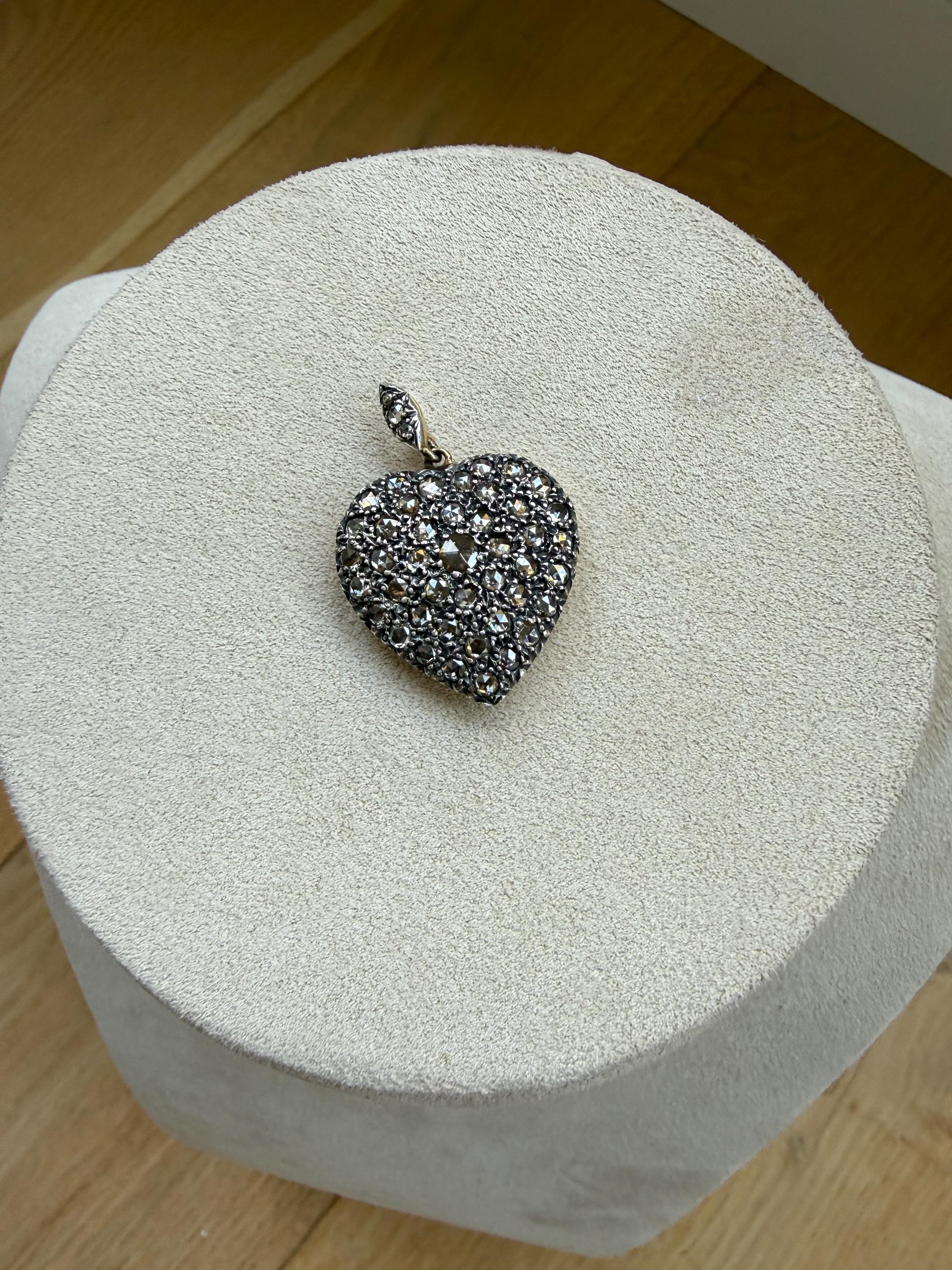 Victorian 14K Yellow Gold/ Silver Rose Cut Diamond Heart Pendant.