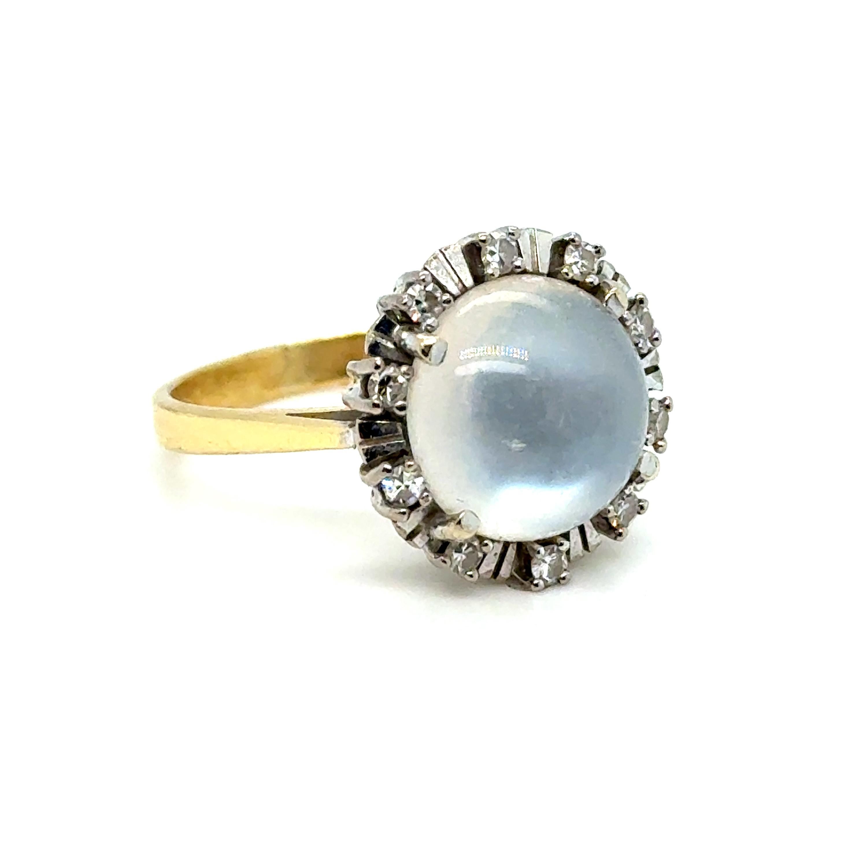 Vintage 18K Yellow Gold Moonstone and Diamond Halo Ring.