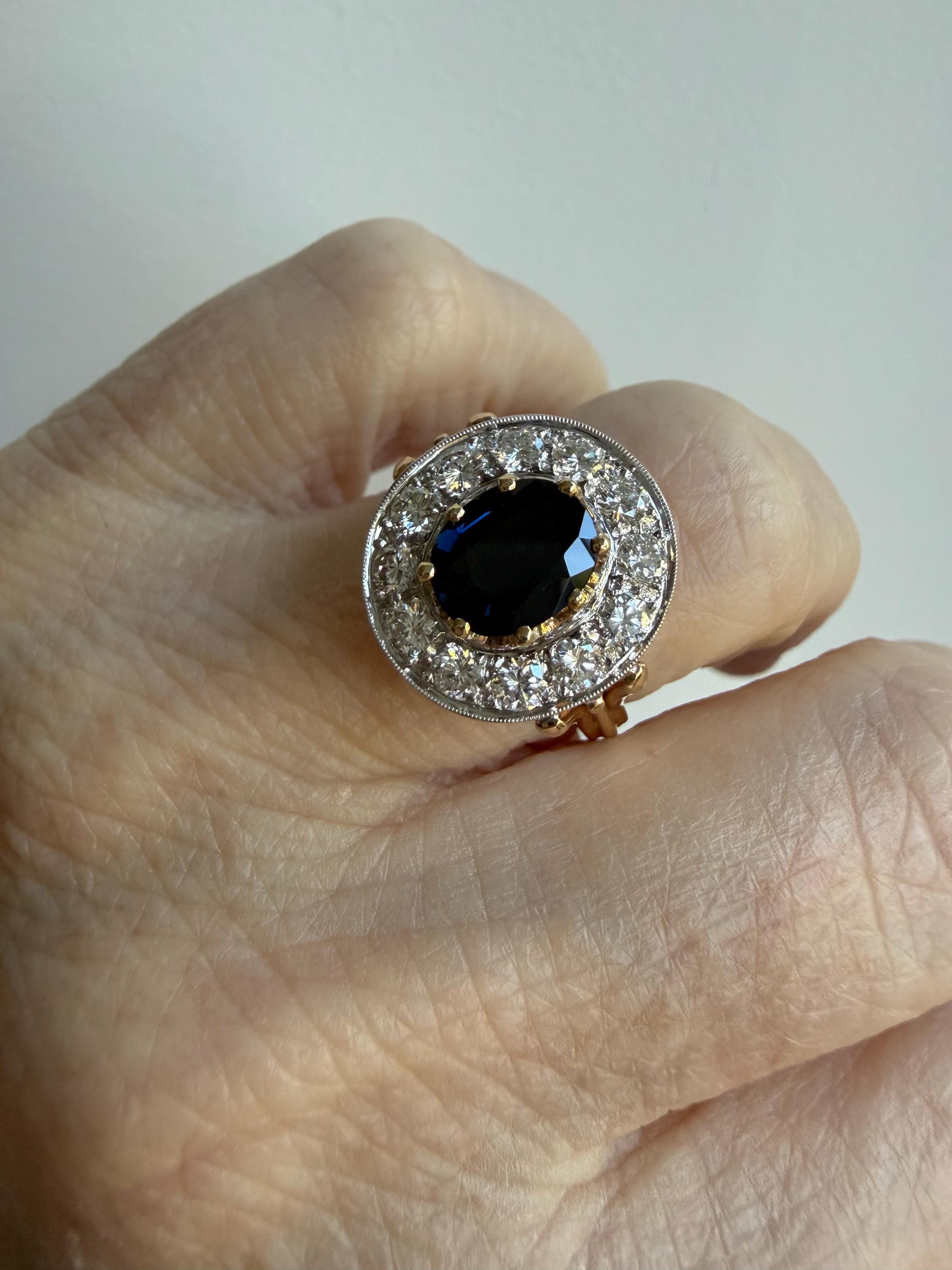 Vintage 14K Yellow Gold Diamond Halo and Sapphire Engagement Ring - 3.00ct.