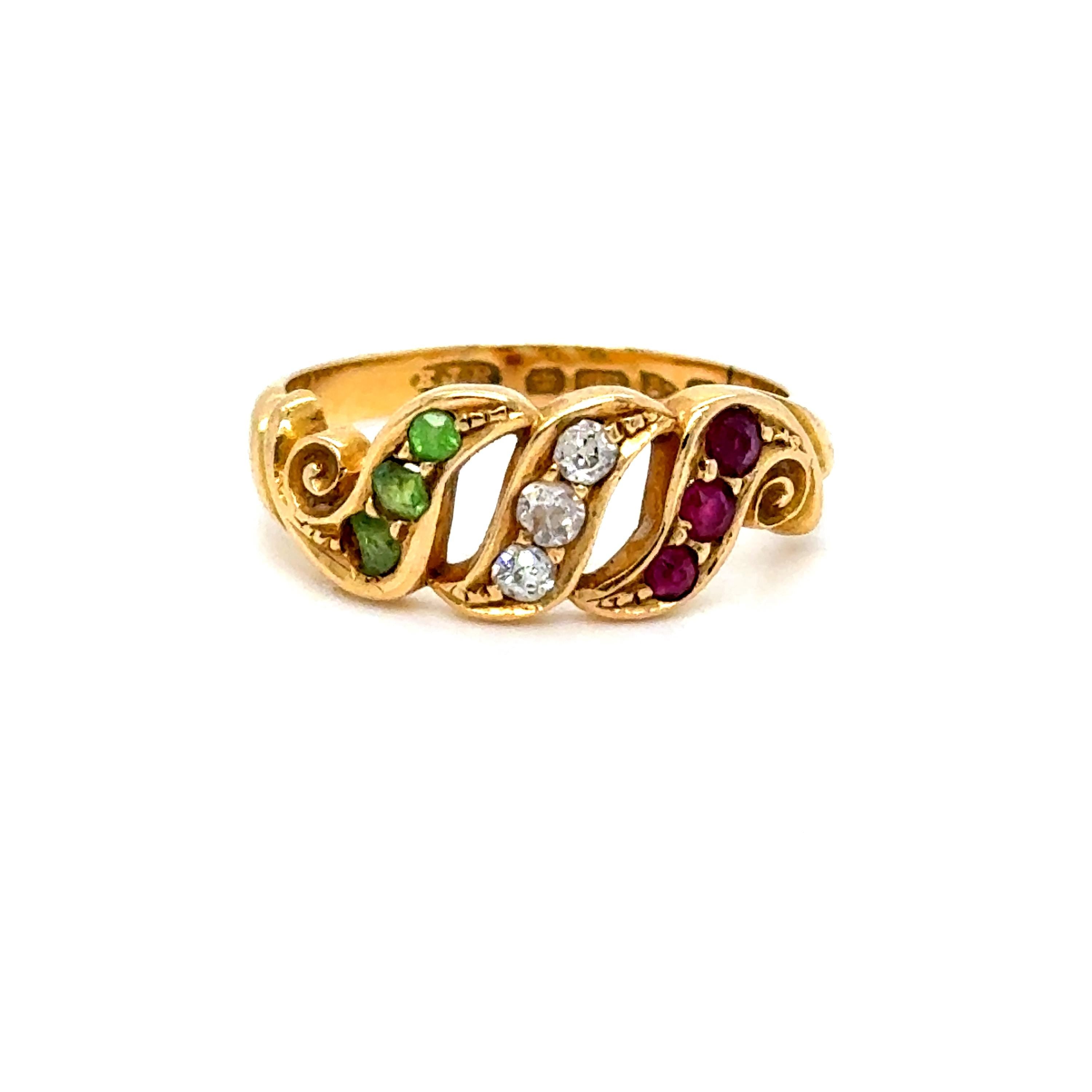 Antique 18K Yellow Gold Diamond, Ruby and Garnet Ring - Suffragette Ring