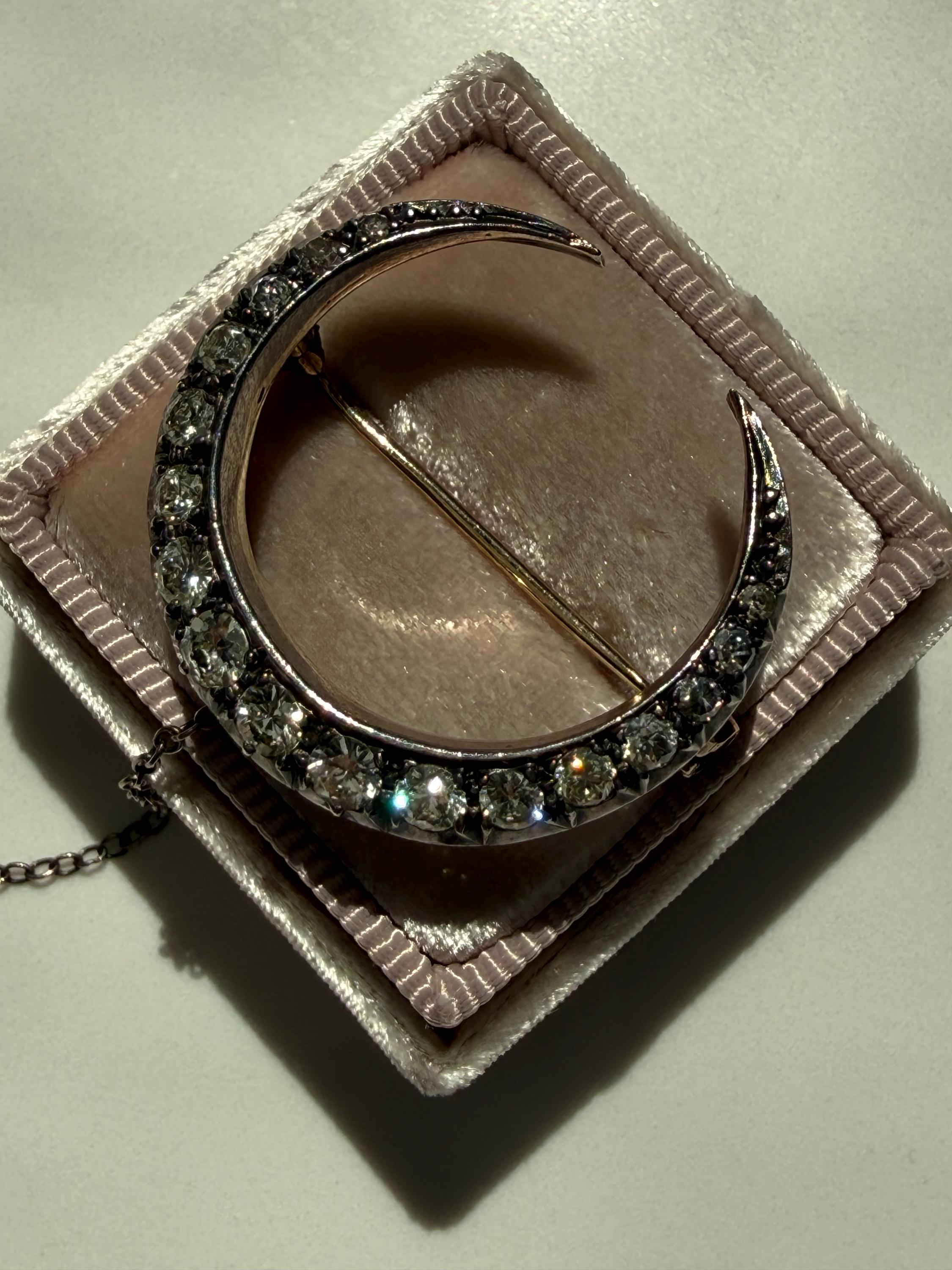 Antique Diamond Crescent  in Silver topped 10K Yellow Gold - 1.70ct.