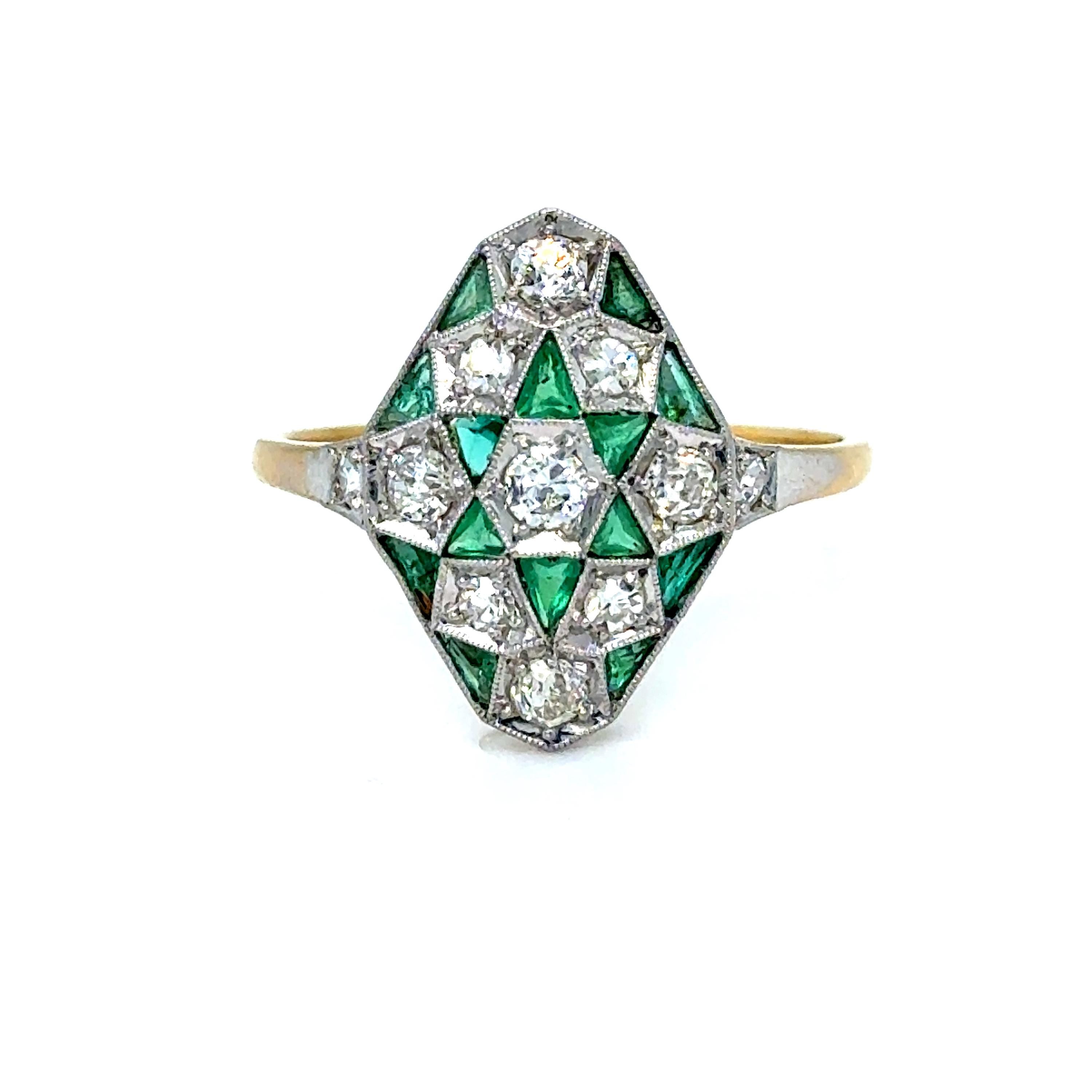 Antique 18K Yellow Gold/ Platinum Diamond and Emerald Ring Engagement Ring.
