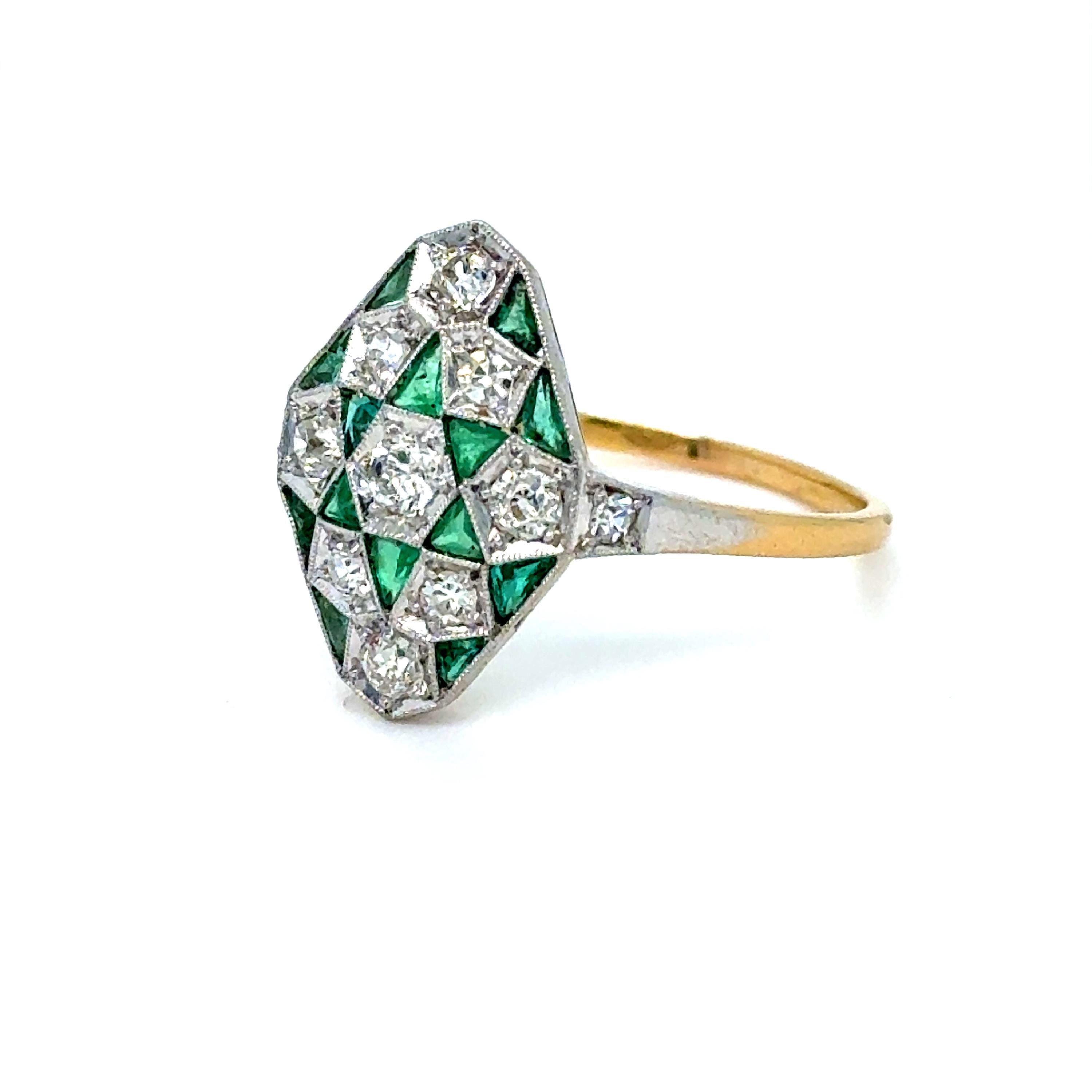 Antique 18K Yellow Gold/ Platinum Diamond and Emerald Ring Engagement Ring.