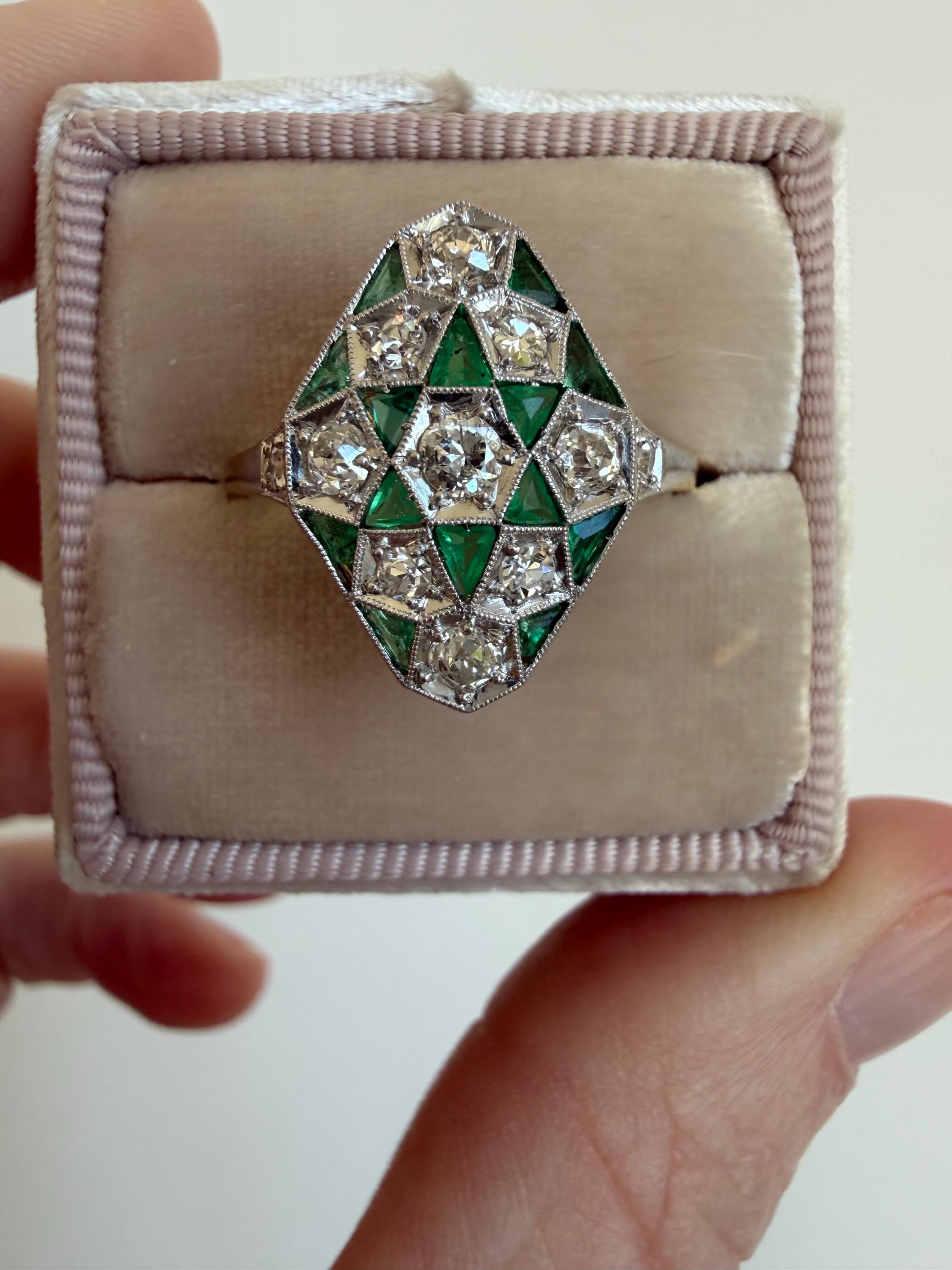 Antique 18K Yellow Gold/ Platinum Diamond and Emerald Ring Engagement Ring.