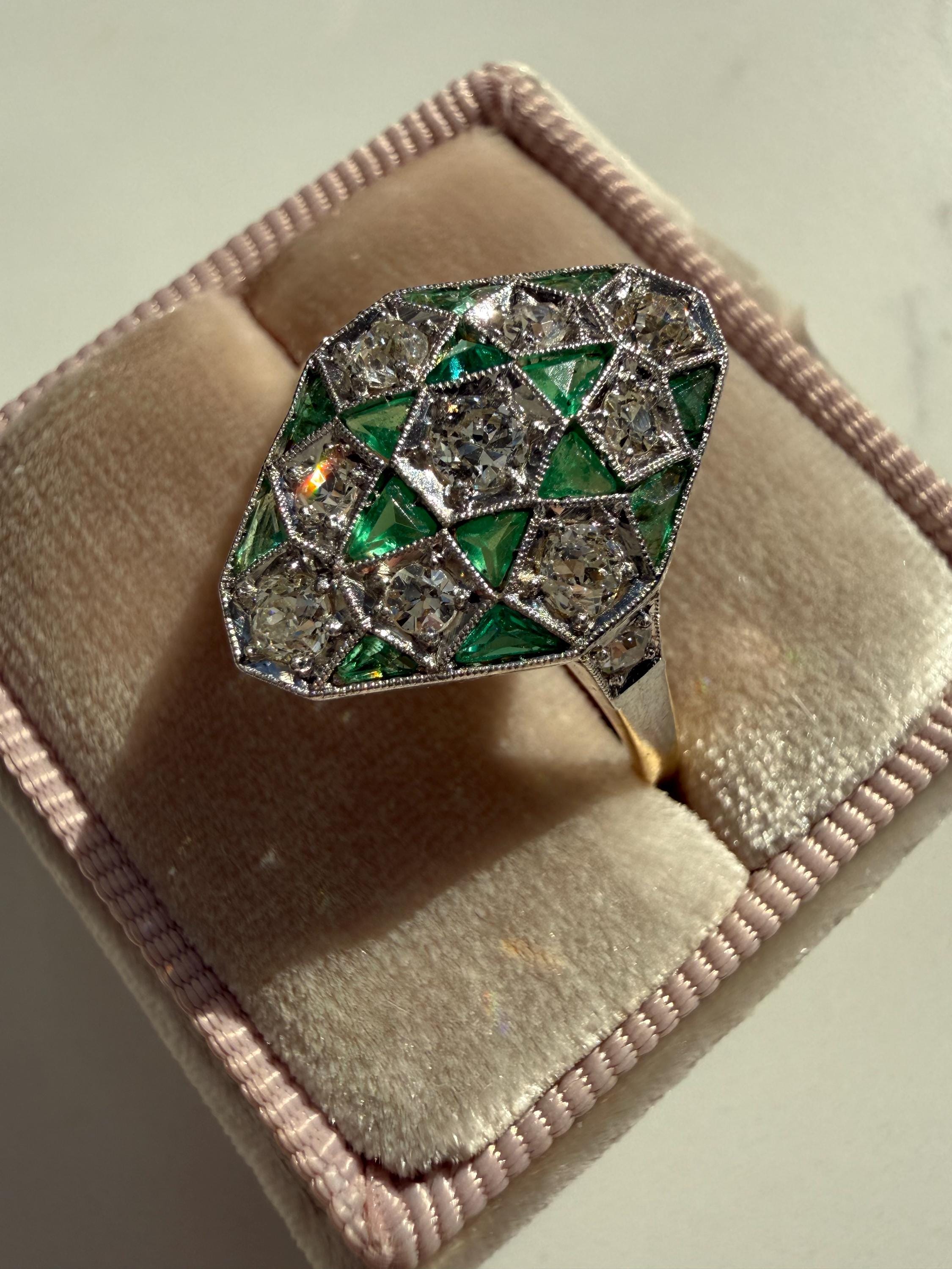 Antique 18K Yellow Gold/ Platinum Diamond and Emerald Ring Engagement Ring.